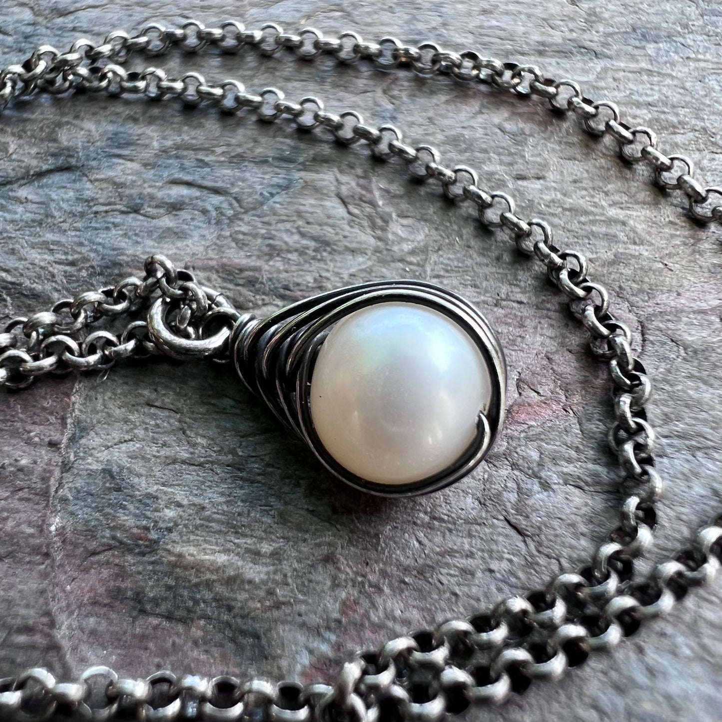 Sterling Silver Pearl Necklace - Genuine Freshwater Pearl Wire-Wrapped Pendant on Sterling Silver Chain