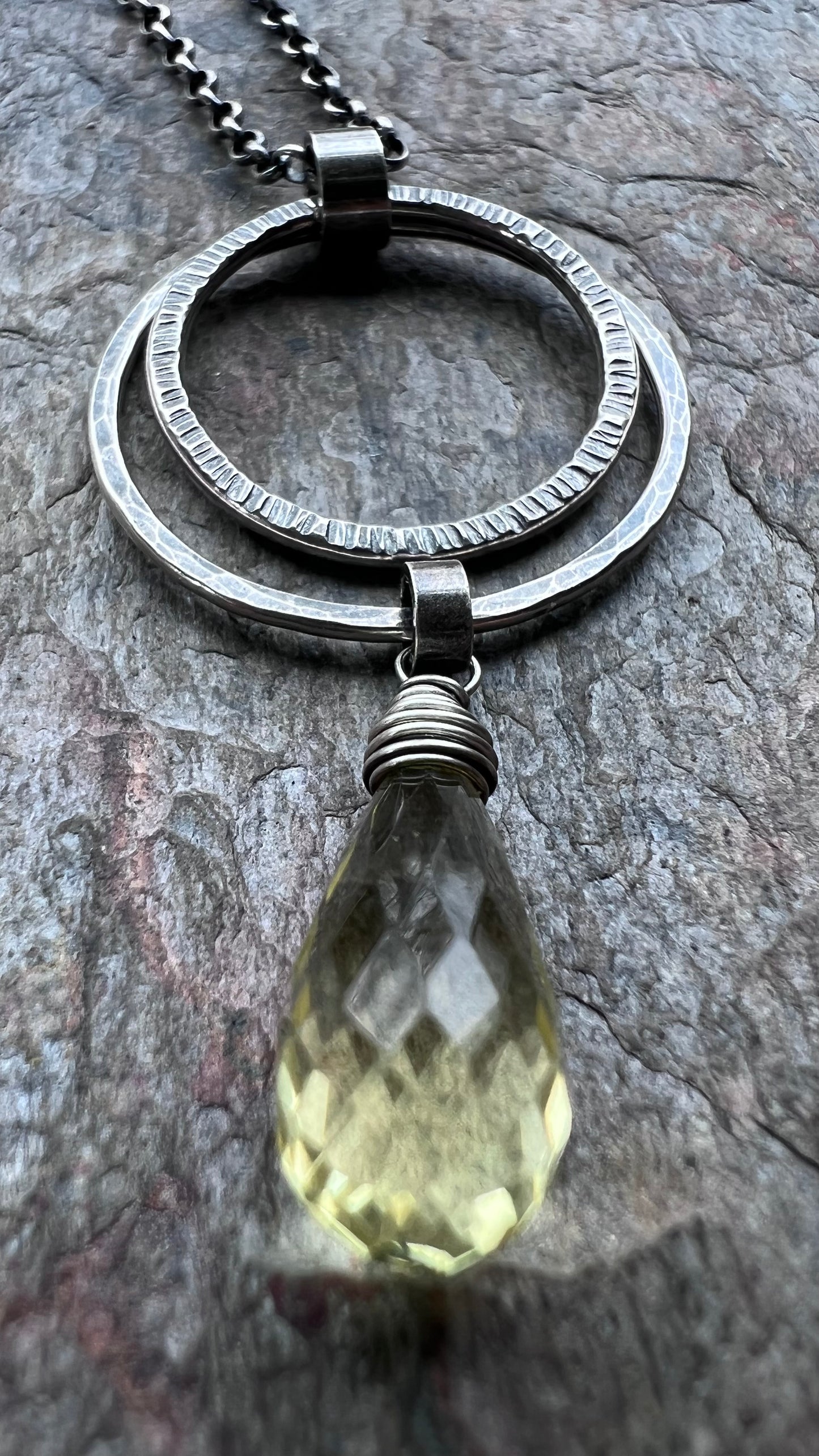 Lemon Topaz Sterling Silver Necklace - Genuine Lemon Topaz and Sterling Silver Rings Pendant on Sterling Silver Chain