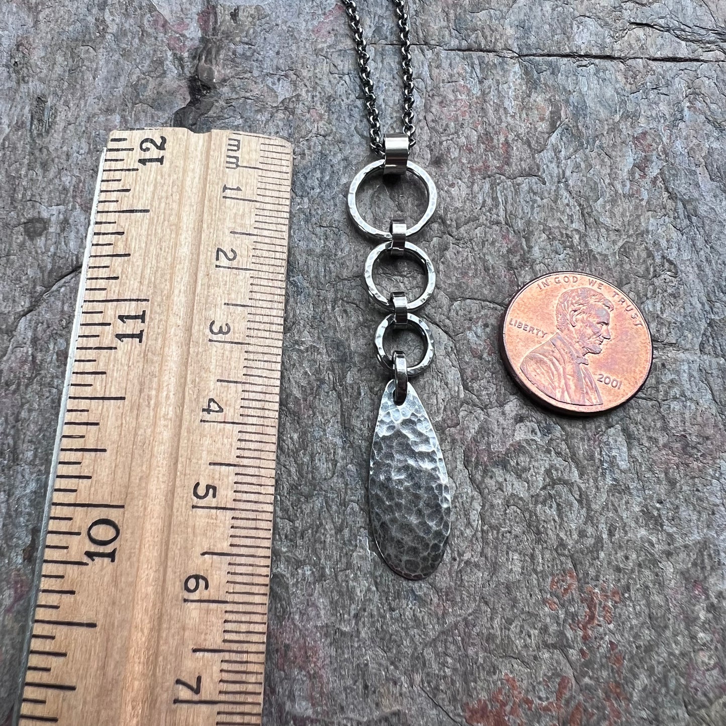 Sterling Silver Hammered Teardrop and Circles Necklace - Handmade Pendant on Sterling Silver Chain