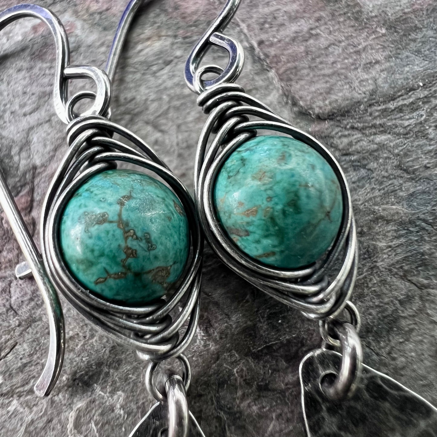 Turquoise Sterling Silver Earrings - Wire-wrapped Turquoise and Hammered Sterling Silver Teardrops Earrings