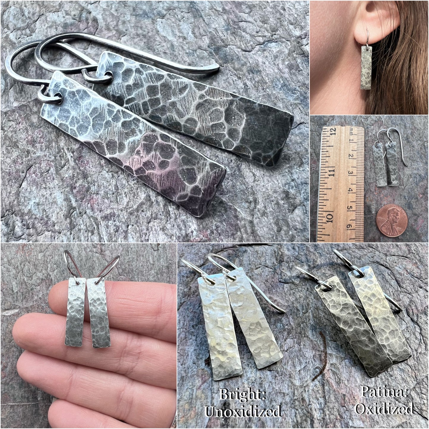 Rectangular Sterling Silver Earrings | Simple Hammered Silver Bar Dangle Everyday Earrings Handmade Jewelry