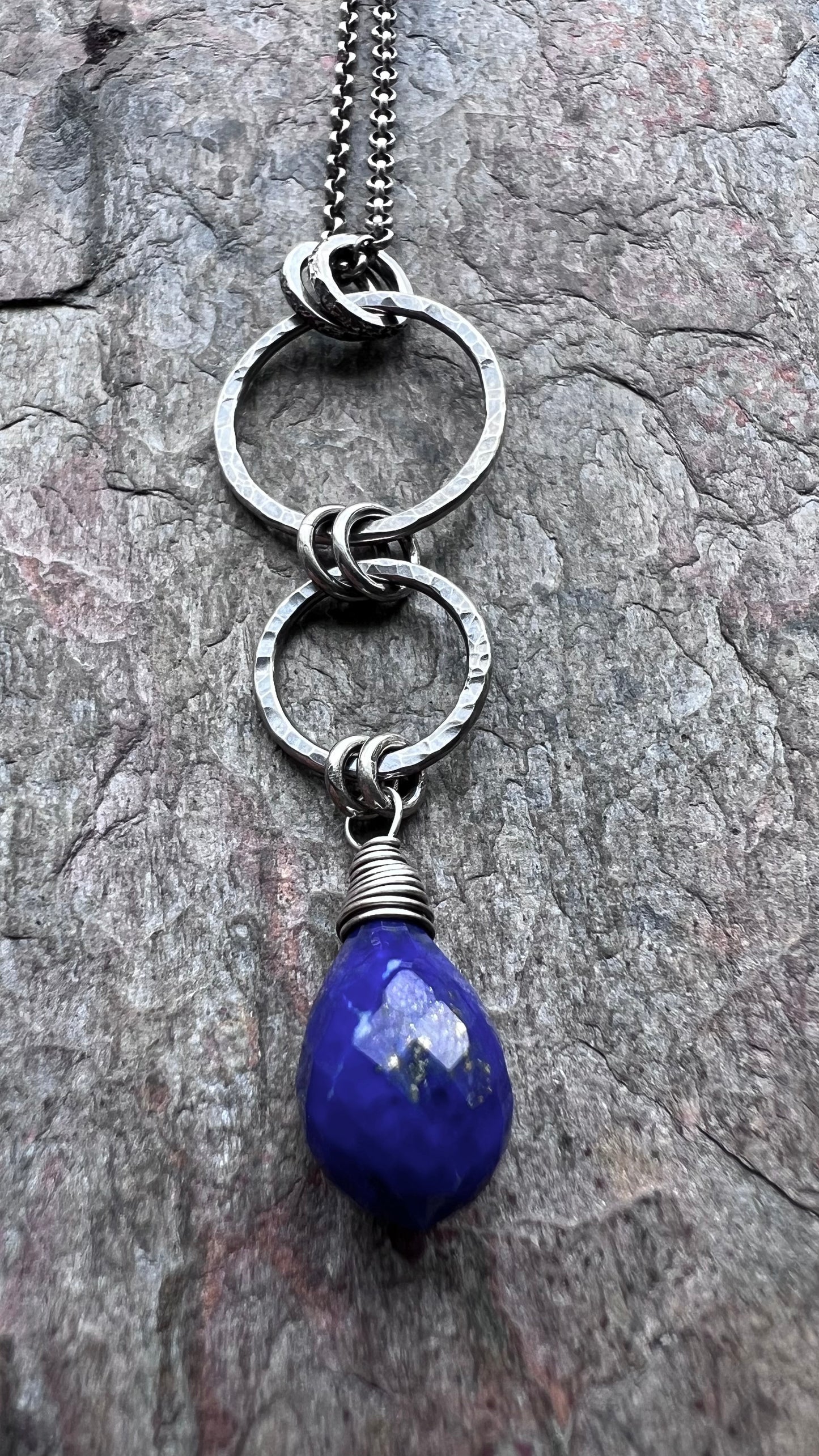 Lapis Lazuli Sterling Silver Necklace - Genuine Lapis Lazuli and Hammered Circle Pendant on Sterling Silver Chain