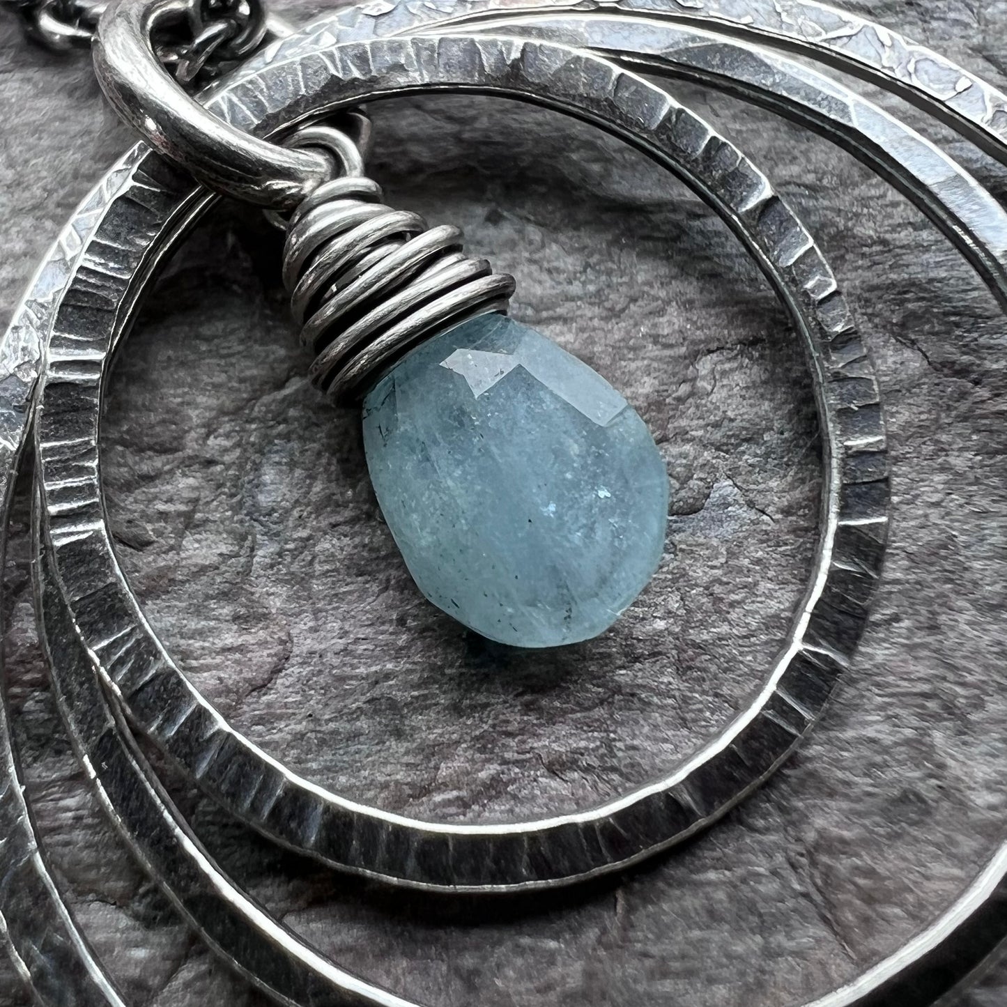 Aquamarine Sterling Silver Necklace - Genuine Aquamarine and Hammered Silver Rings Pendant on Sterling Silver Chain
