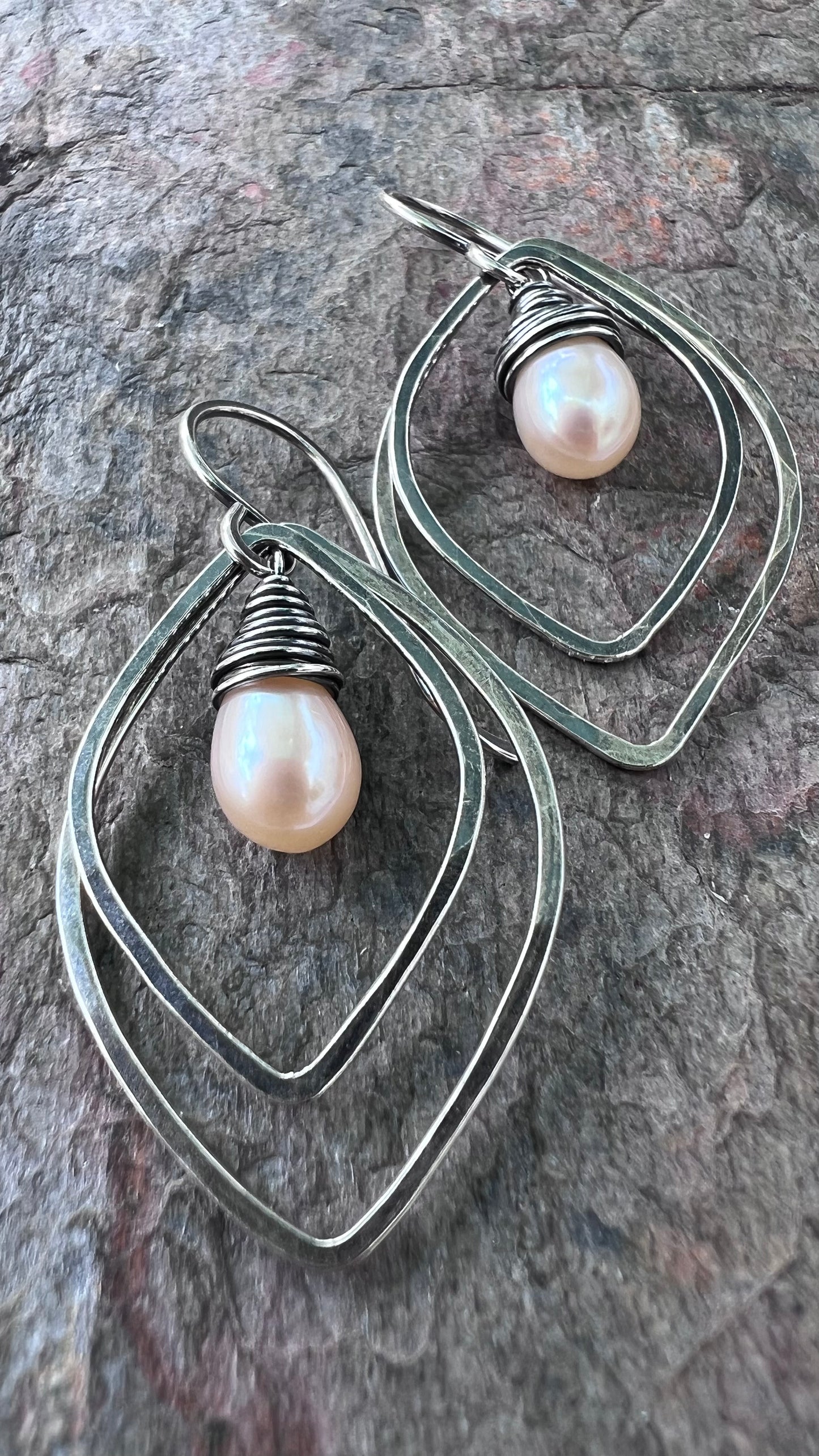 Pearl and Sterling Silver Earrings - Wire-Wrapped Pearls inside textured Petals on Handmade Sterling Silver Earwires