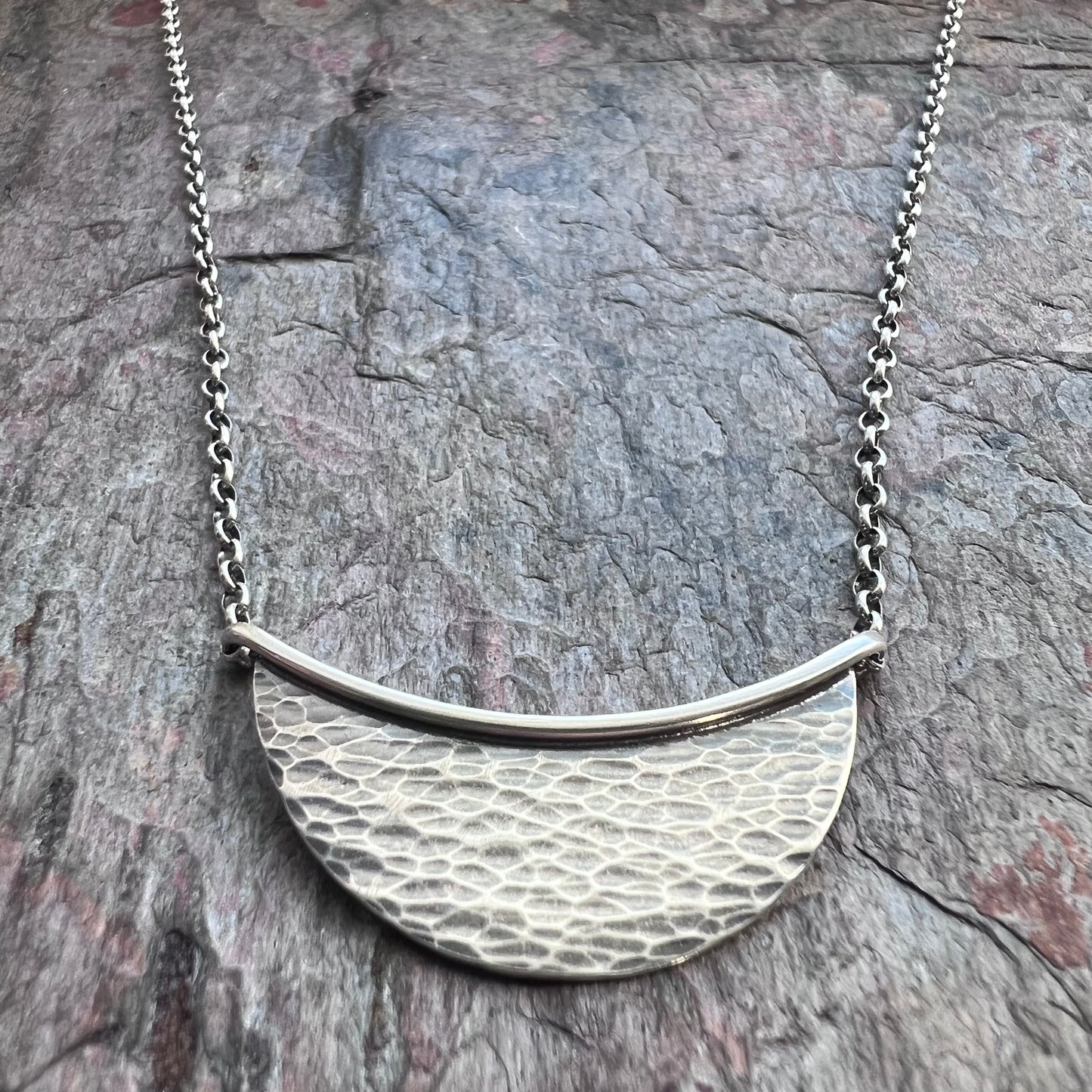 Sterling Silver Hammered Crescent Necklace - Handmade Sterling Silver Pendant on Sterling Silver Chain