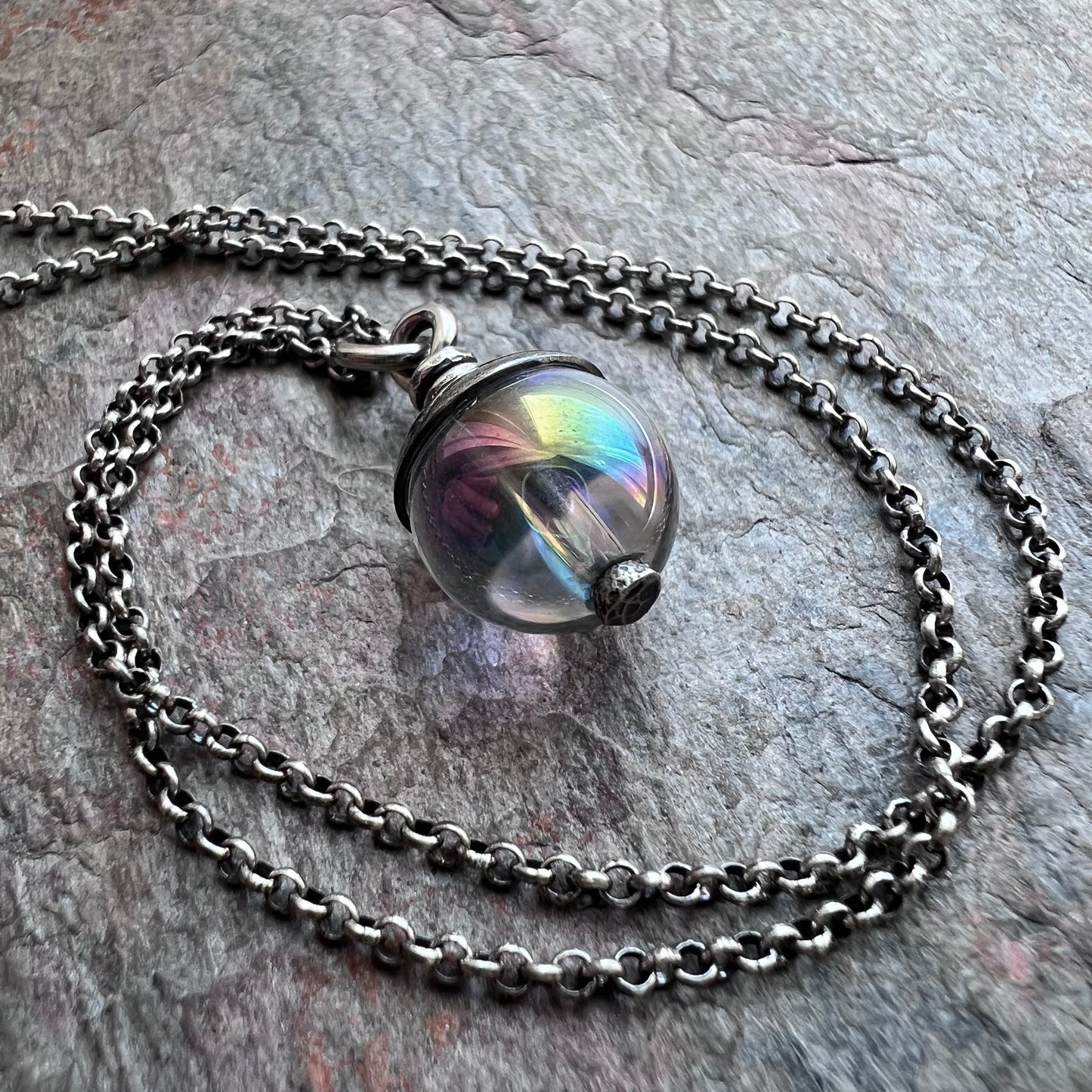 Sterling Silver Mystic Quartz Necklace - Mystic Rock Crystal Quartz Round Pendant on Sterling Silver Chain