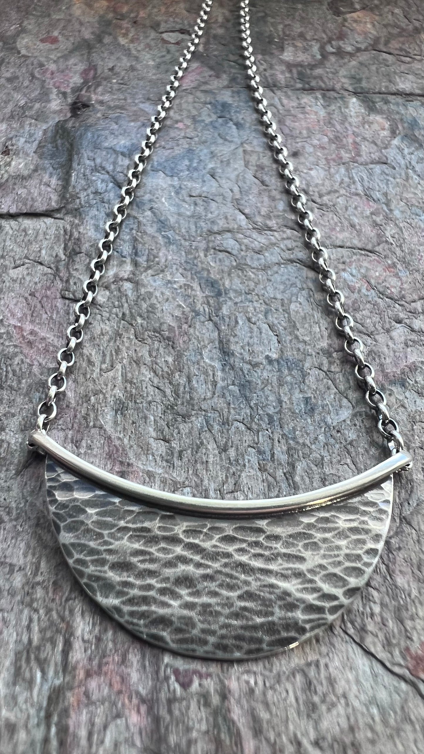 Sterling Silver Hammered Crescent Necklace - Handmade Sterling Silver Pendant on Sterling Silver Chain