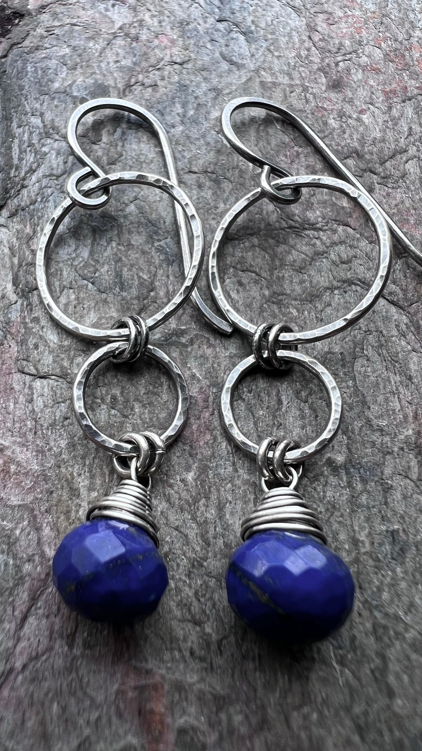 Lapis Lazuli Sterling Silver Earrings - Genuine Lapis Lazuli on Hammered Sterling Silver Circles