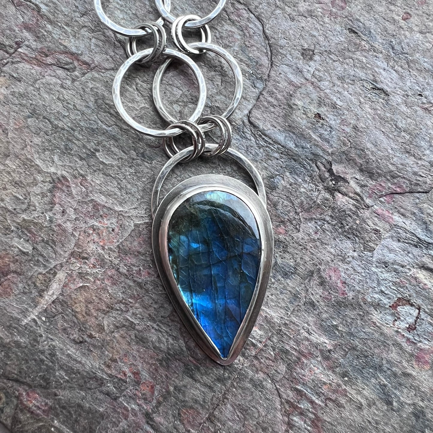 Labradorite Sterling Silver Necklace - Handmade One-of-a-kind Pendant on Hammered Ring Chain