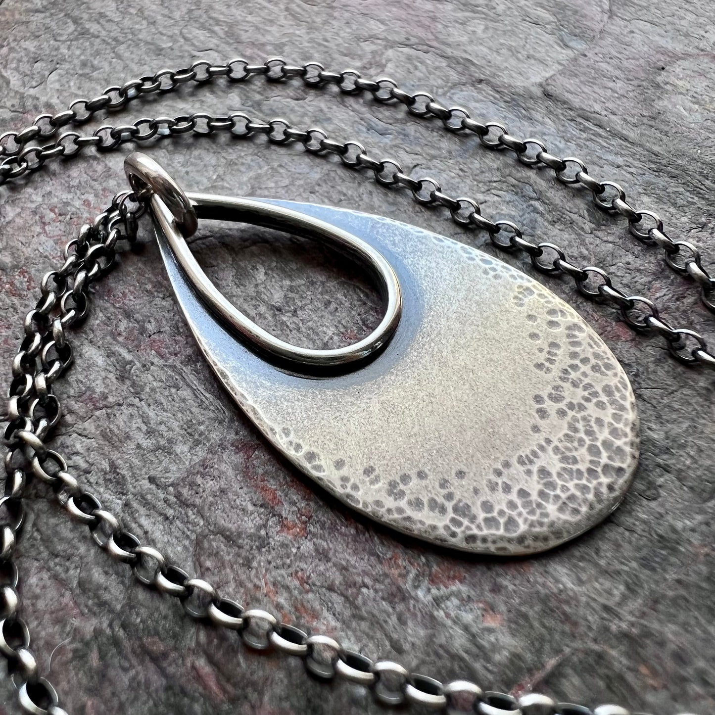 Sterling Silver Teardrop Necklace - Textured Sterling Silver Open Teardrop on Sterling Silver Chain