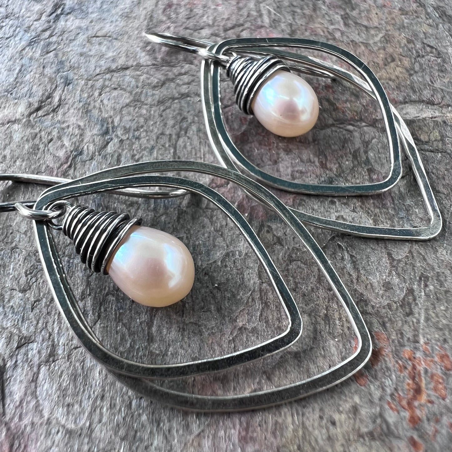 Pearl and Sterling Silver Earrings - Wire-Wrapped Pearls inside textured Petals on Handmade Sterling Silver Earwires