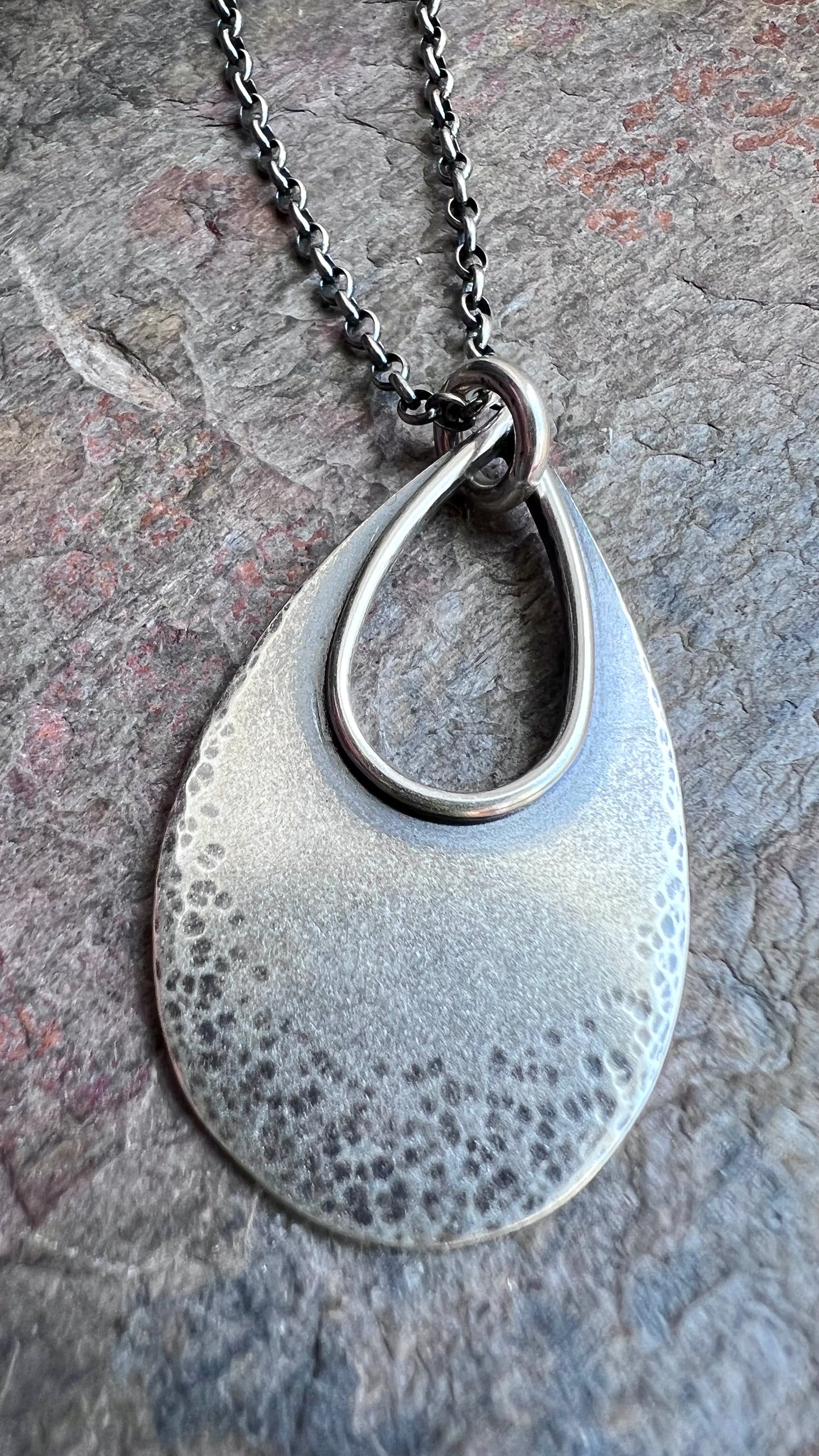 Sterling Silver Teardrop Necklace - Textured Sterling Silver Open Teardrop on Sterling Silver Chain