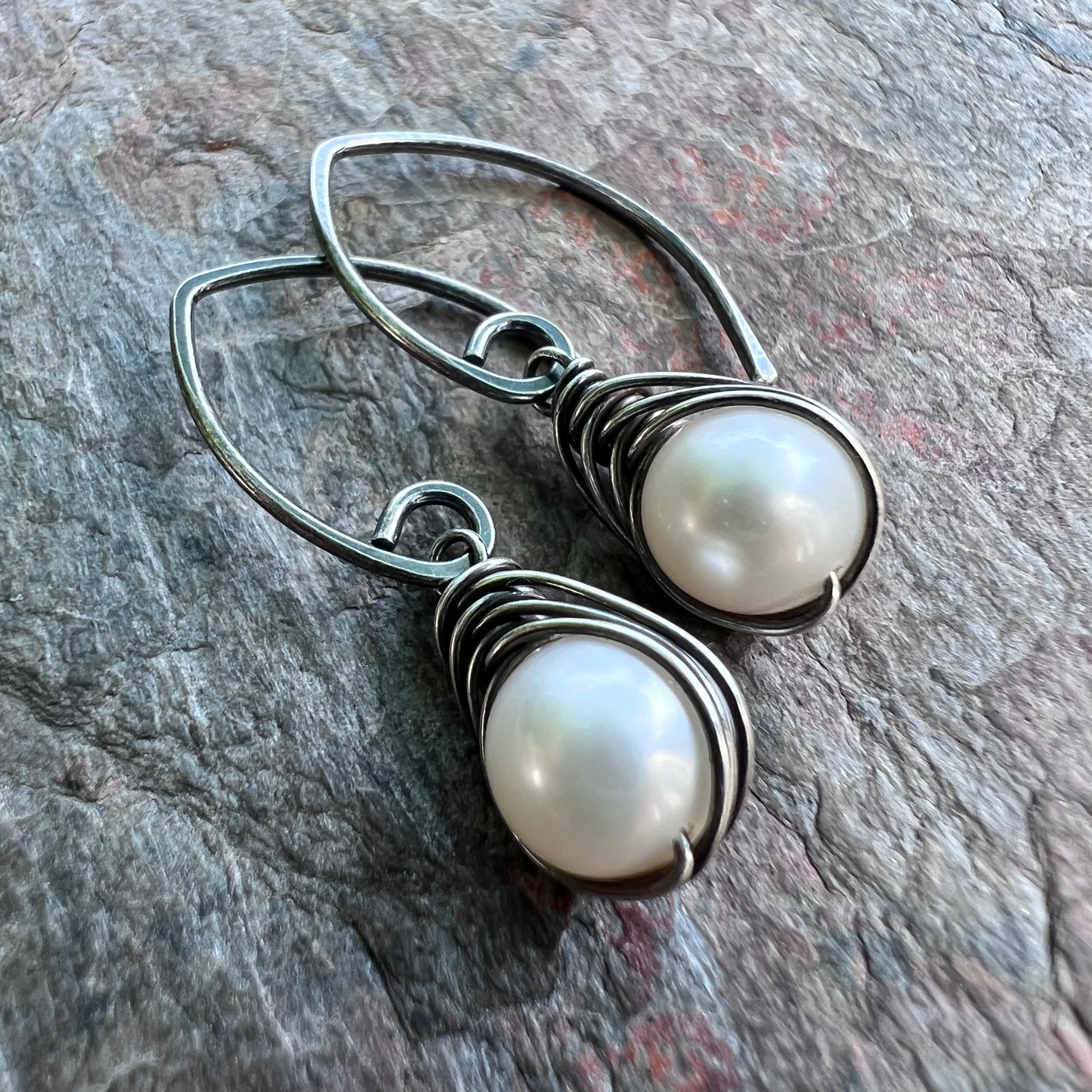 Sterling Silver Pearl Earrings - Genuine Freshwater Pearls Wrapped in Sterling Silver Wire