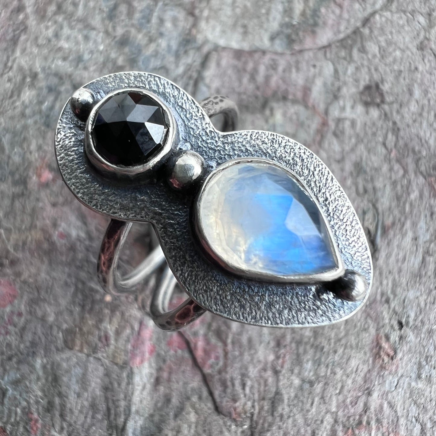 Rainbow Moonstone and Black Spinel Sterling Silver Ring - Handmade One-of-a-kind Ring - Size 8