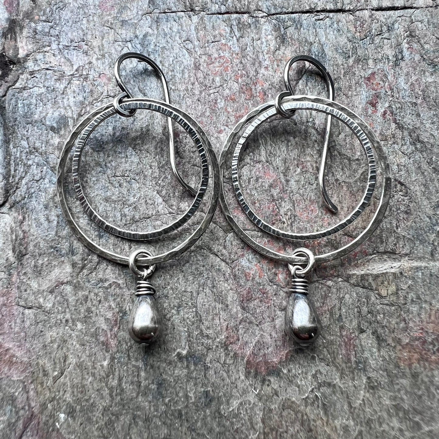 Sterling Silver Teardrop Hoop Earrings - Hammered Sterling Silver Hoops with Smooth Teardrop Earrings