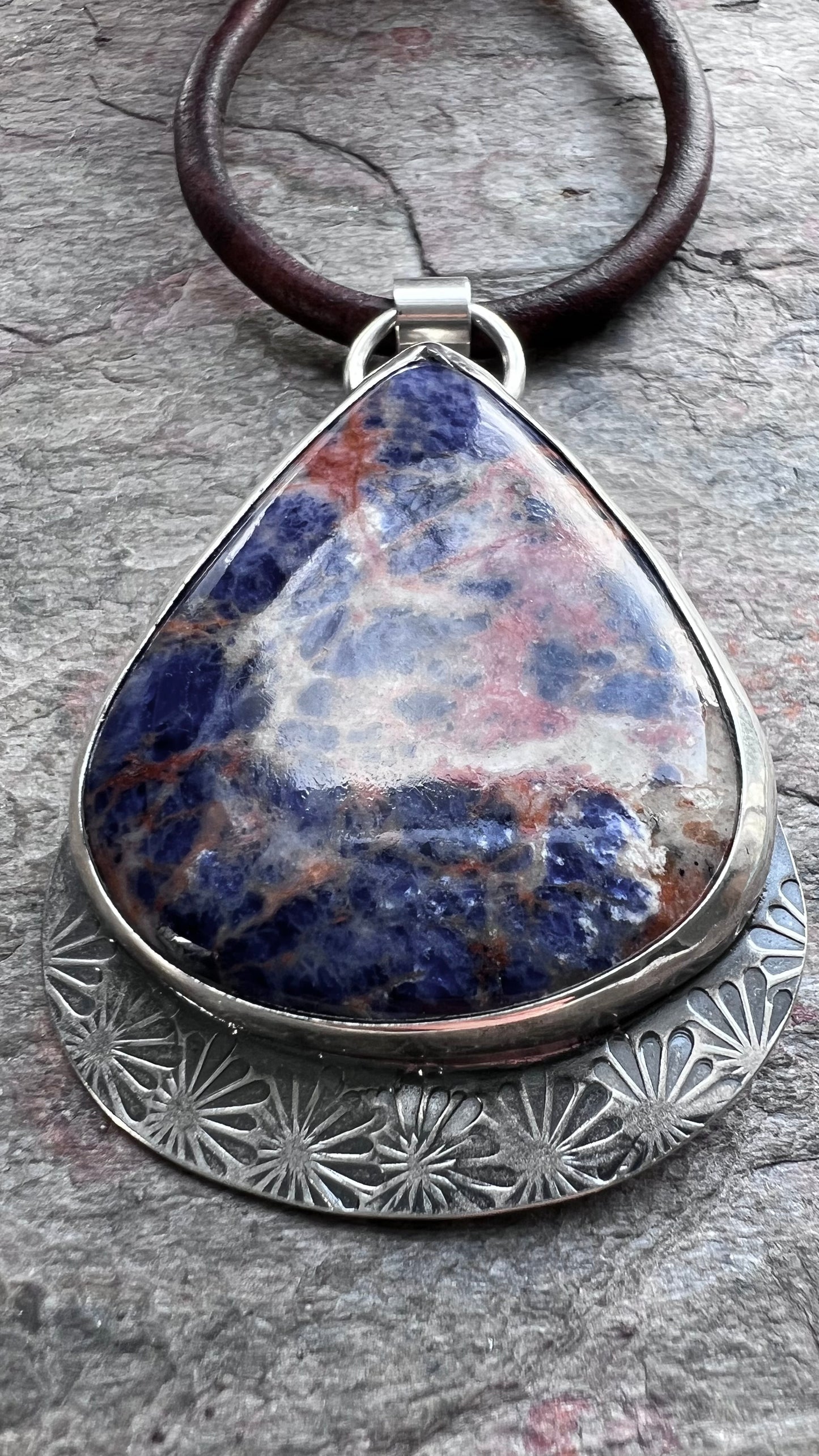 Large Sodalite and Sterling Silver Pendant Necklace - Handmade One-of-a-Kind Teardrop Pendant on Genuine Leather