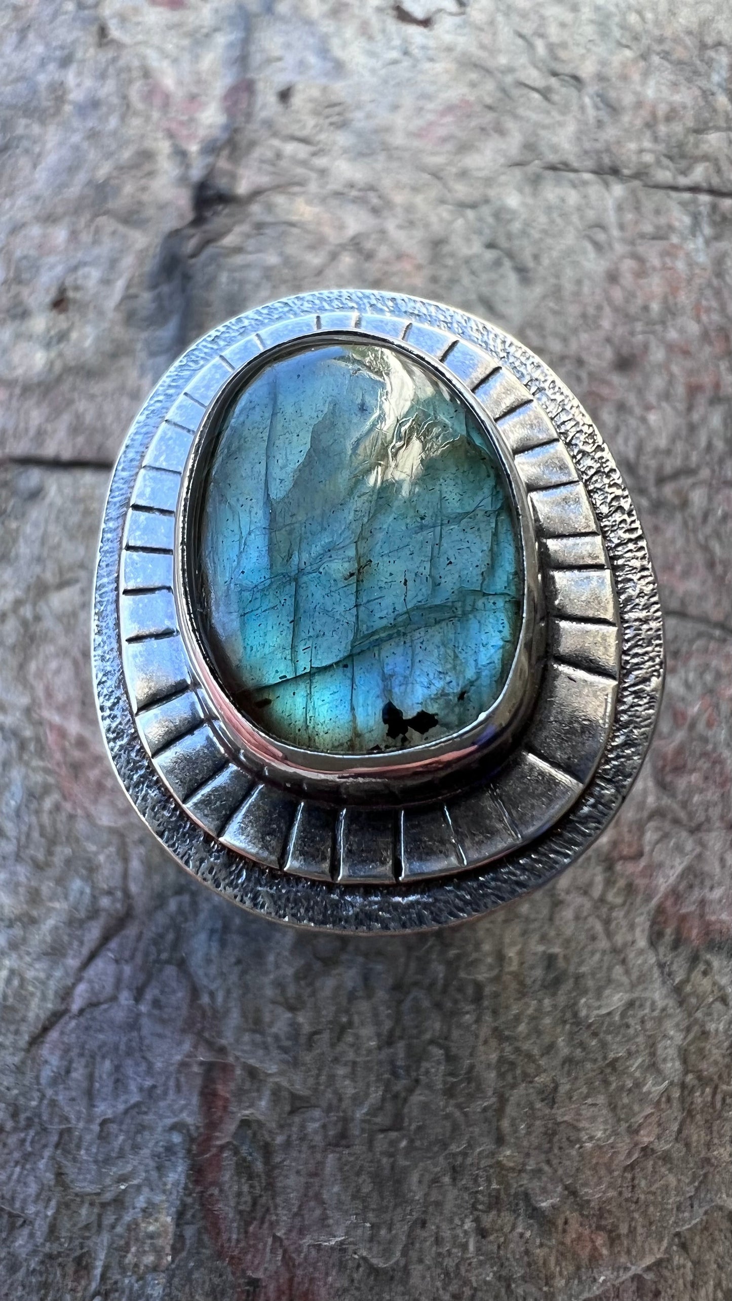 Labradorite Sterling Silver Ring - Handmade One-of-a-kind Labradorite Statement Ring on Hammered Silver Band - Size 10