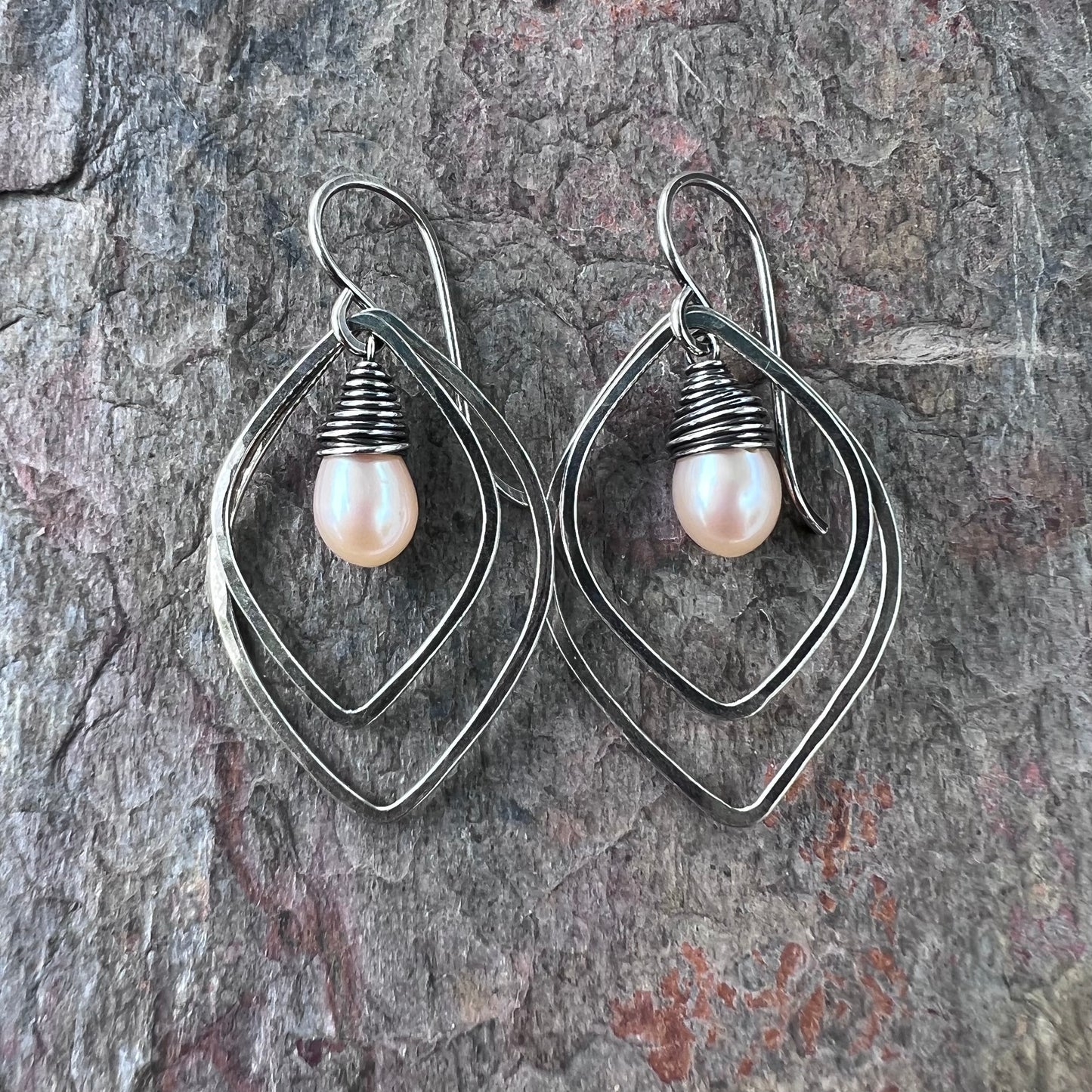 Pearl and Sterling Silver Earrings - Wire-Wrapped Pearls inside textured Petals on Handmade Sterling Silver Earwires