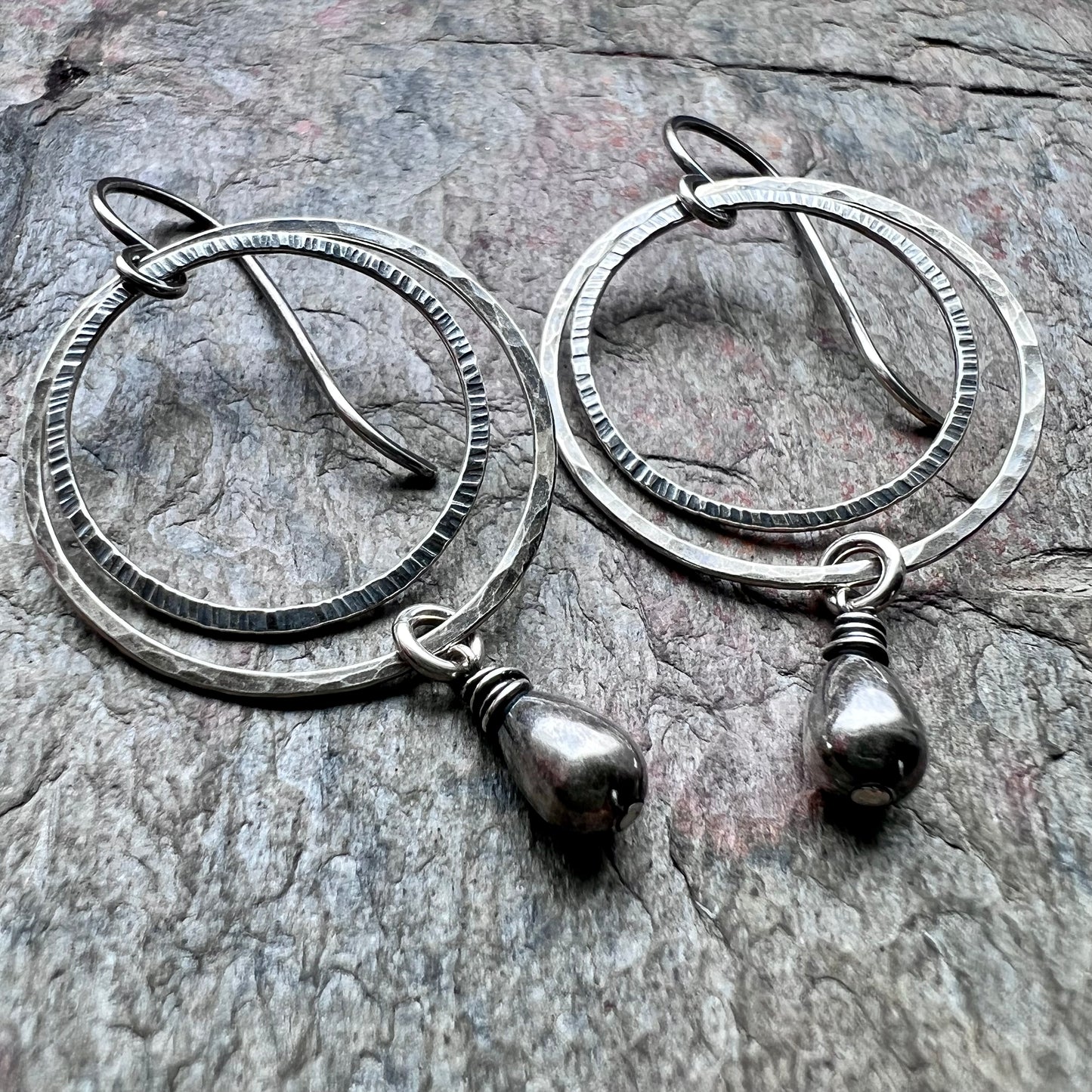 Sterling Silver Teardrop Hoop Earrings - Hammered Sterling Silver Hoops with Smooth Teardrop Earrings