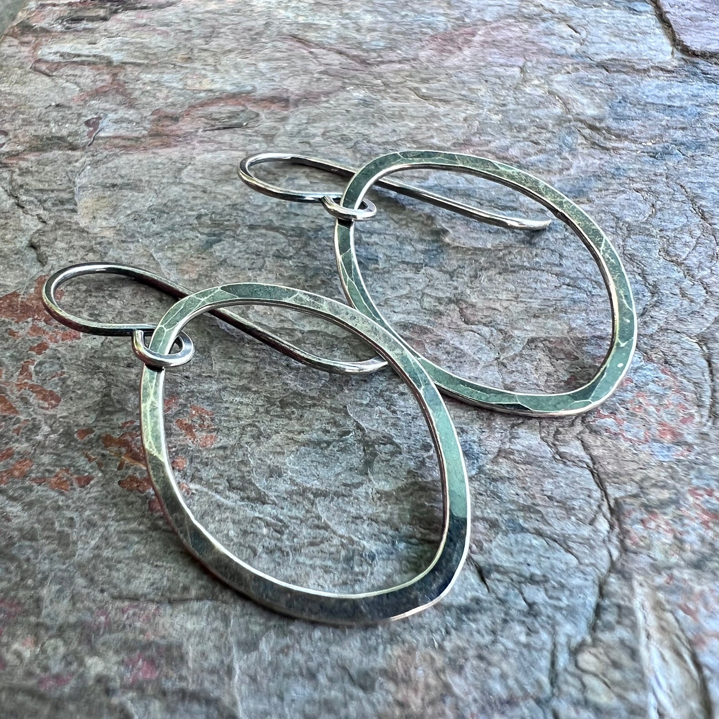 Sterling Silver Hammered Earrings - Handmade Sterling Silver Freeform Organic Oval Earrings