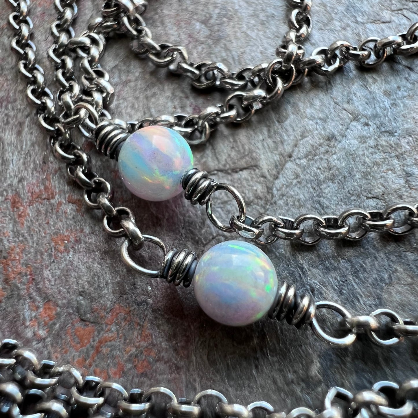 Long Sterling Silver Opal Necklace - Simulated Opal and Sterling Silver Chain Necklace