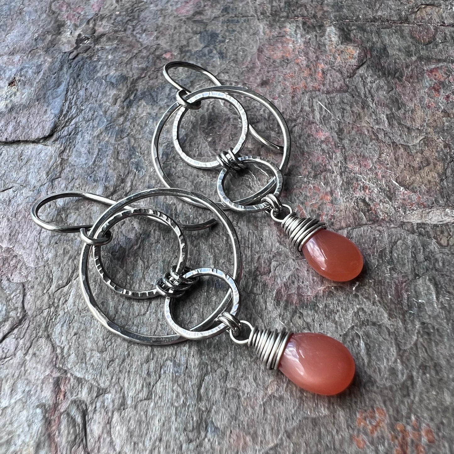Peach Moonstone Sterling Silver Earrings - Peach Moonstone Teardrops and Hammered Circles on Sterling Silver Earwires