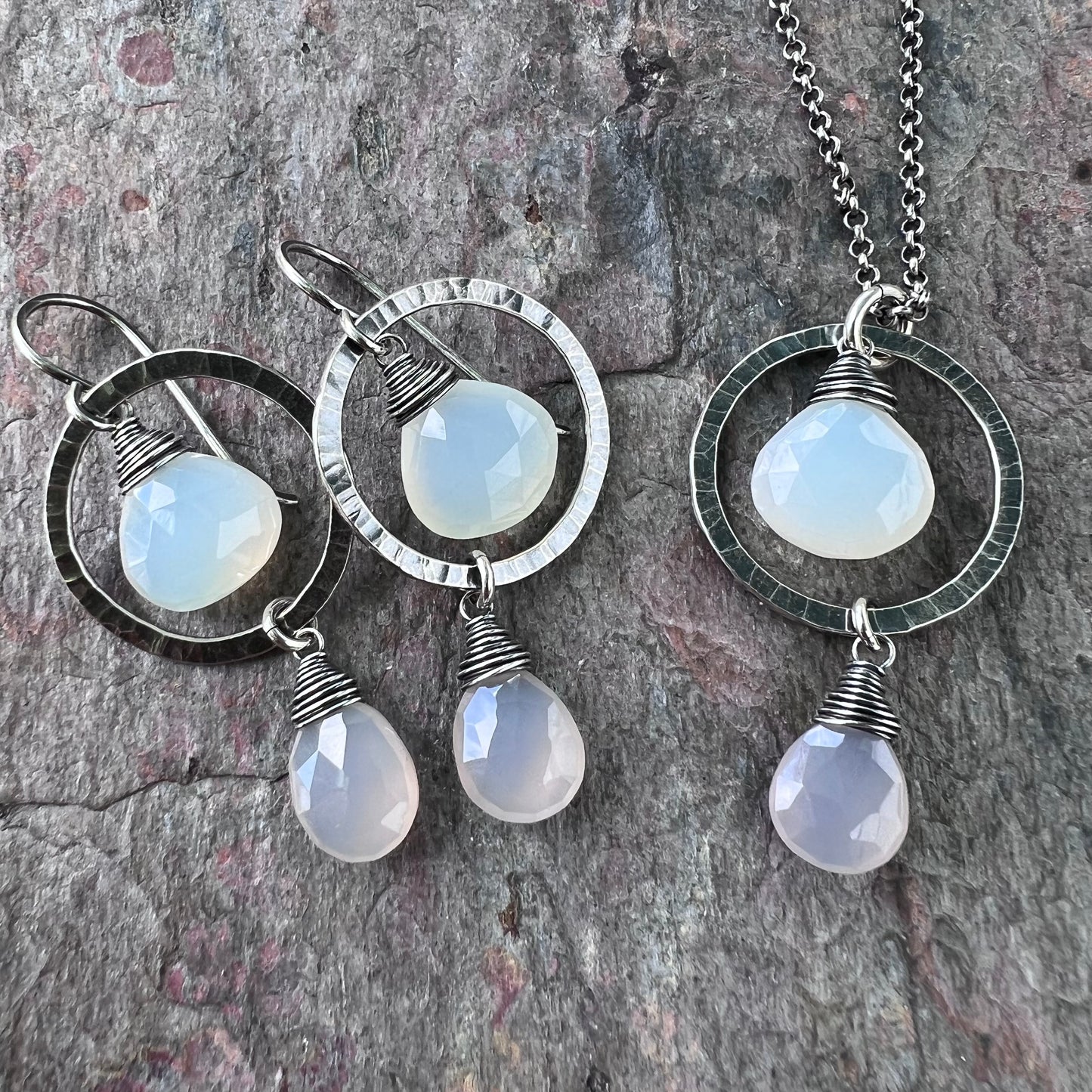 Sterling Silver Chalcedony Earrings - Natural Chalcedony and Hammered Silver Rings Earrings