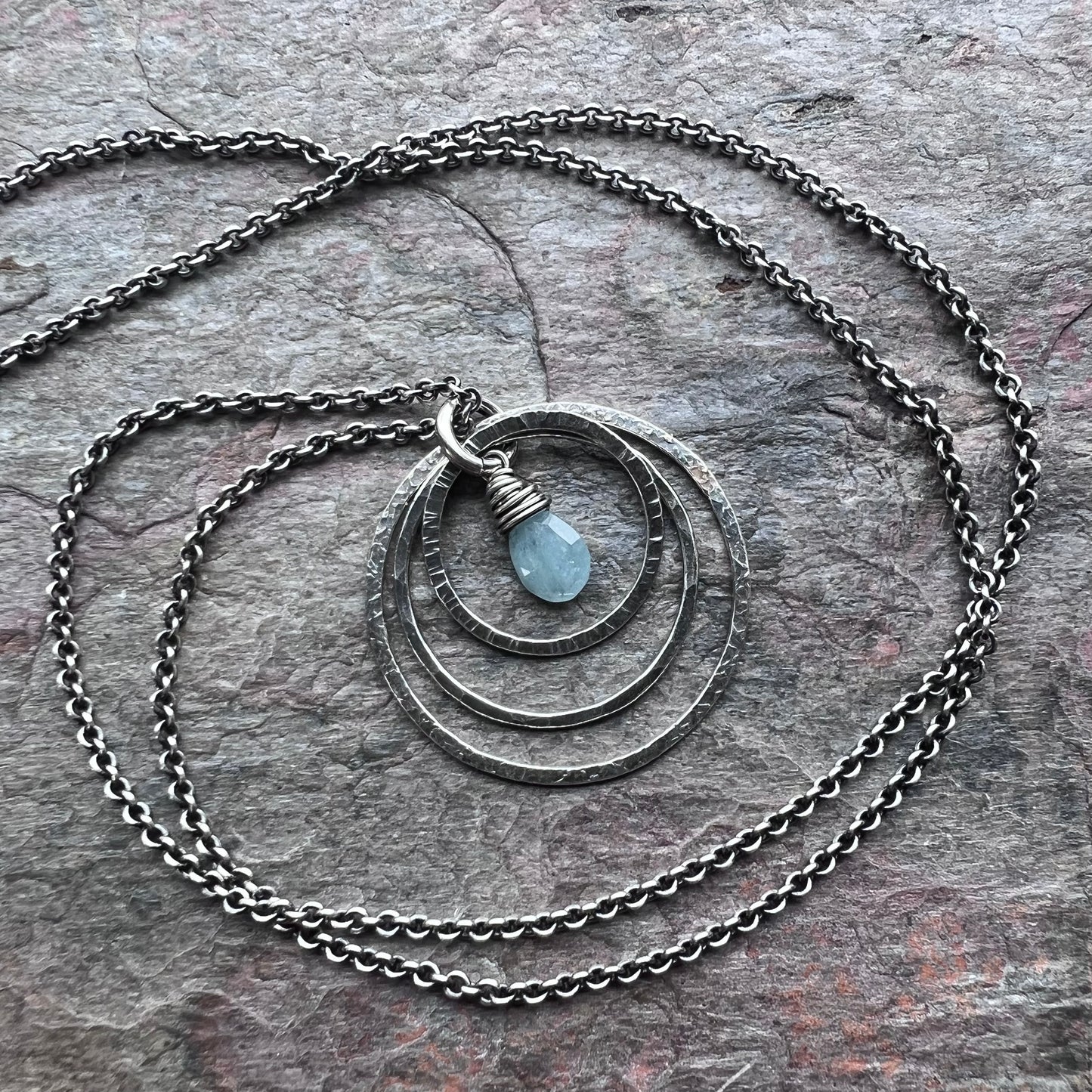 Aquamarine Sterling Silver Necklace - Genuine Aquamarine and Hammered Silver Rings Pendant on Sterling Silver Chain