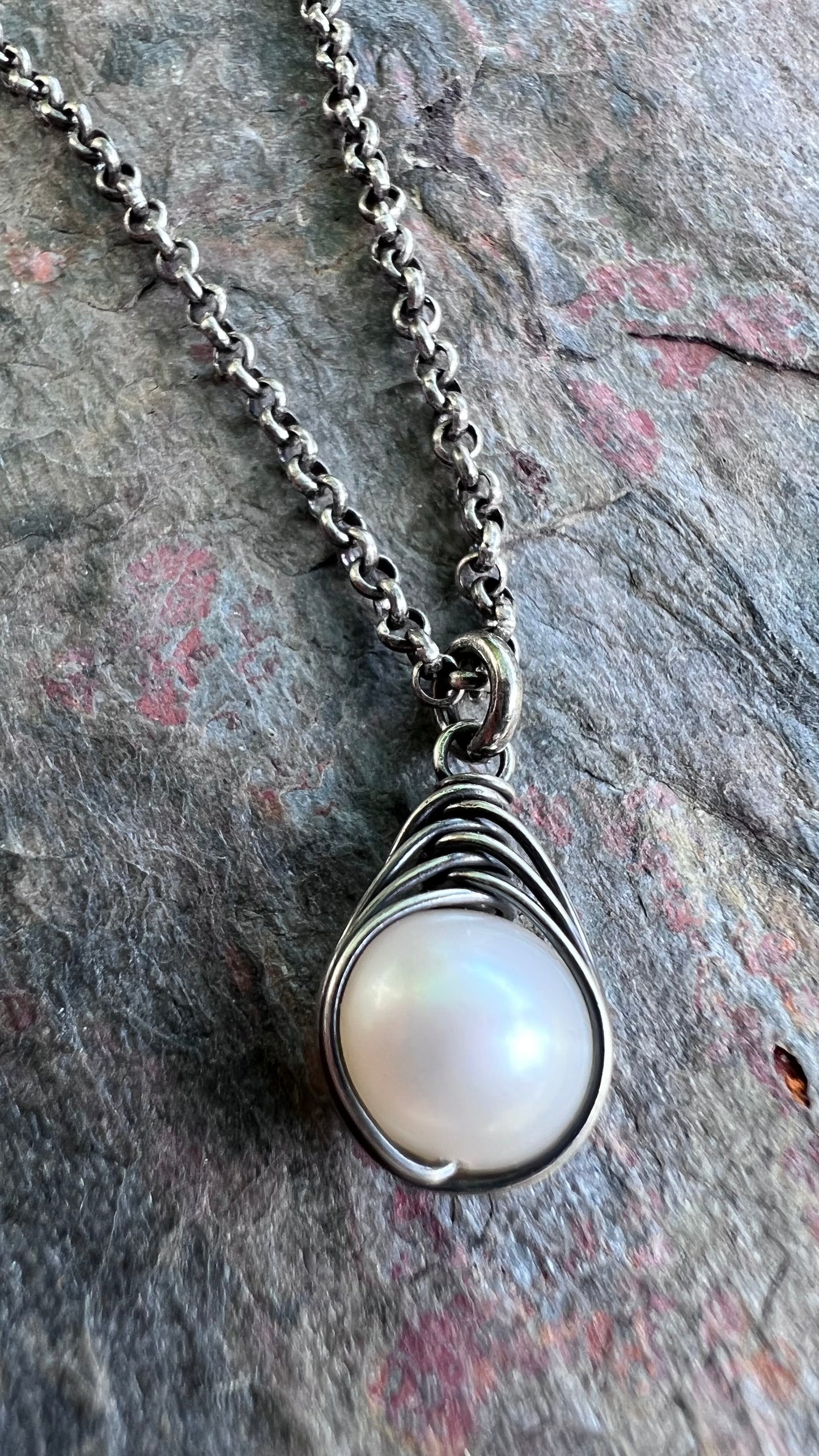 Sterling Silver Pearl Necklace - Genuine Freshwater Pearl Wire-Wrapped Pendant on Sterling Silver Chain