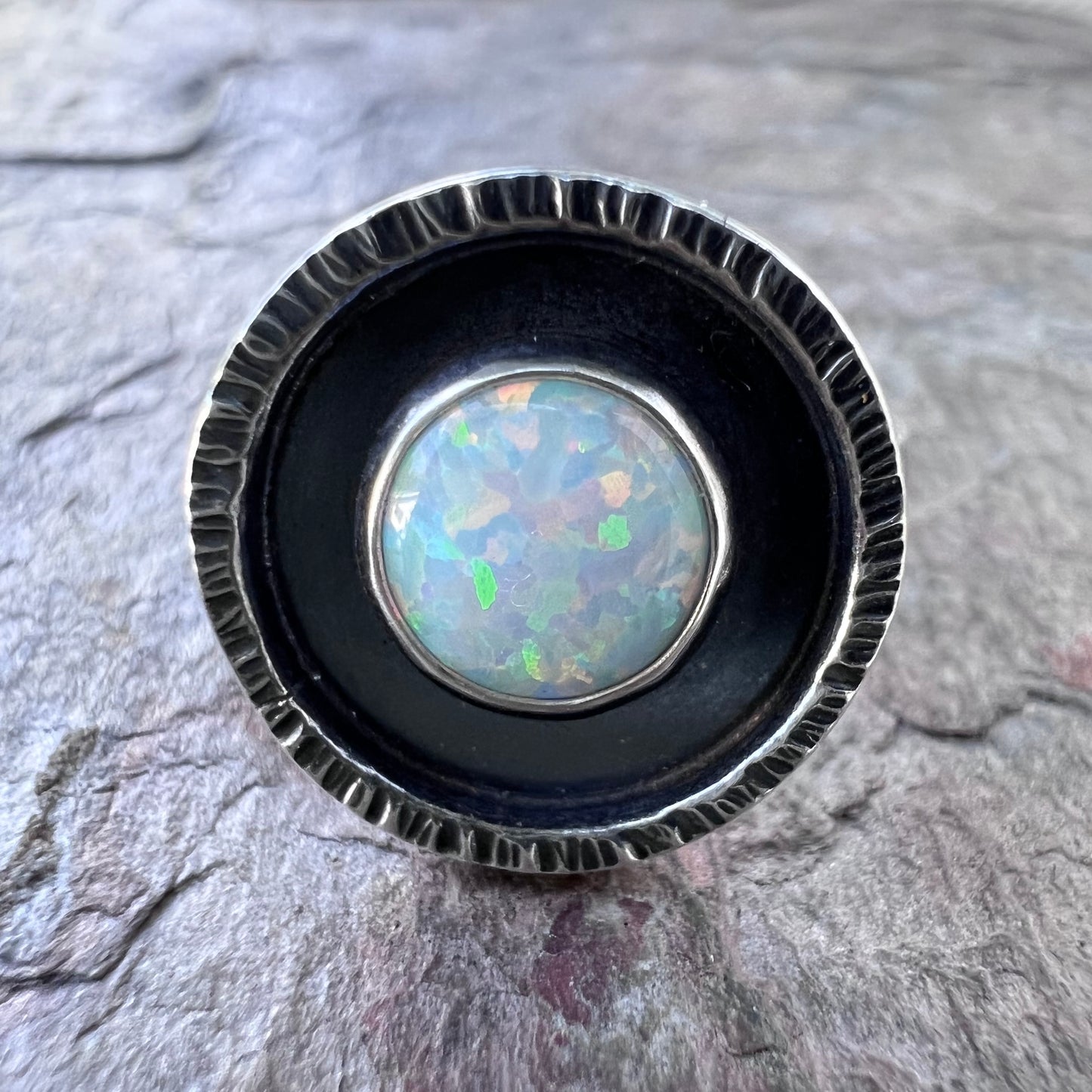 Opal Sterling Silver Ring - Handmade Simulated Opal Cabochon Sterling Silver Ring - Size 8