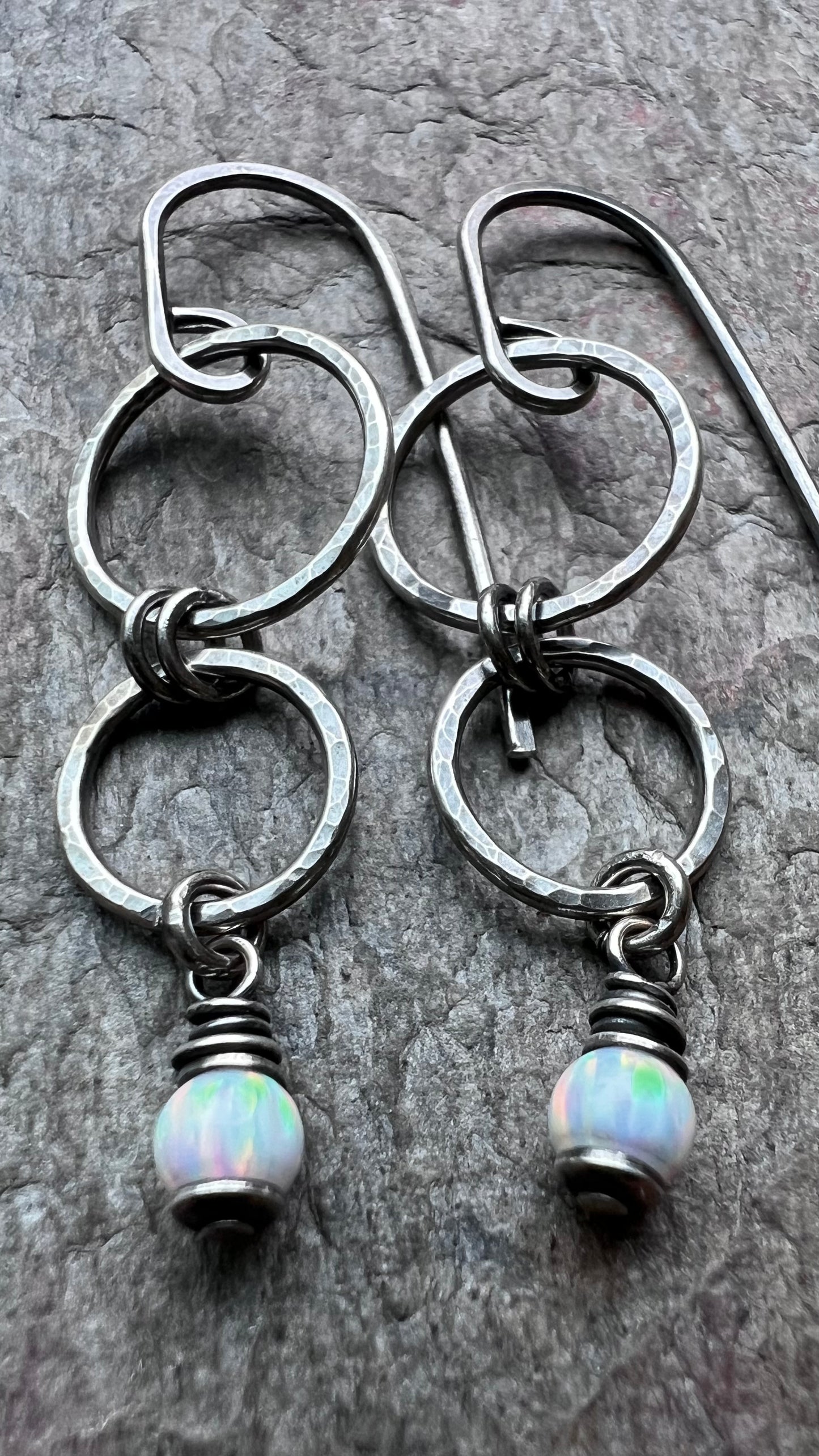 Sterling Silver Opal Earrings - Simulated Opal on Hammered Sterling Silver Circle Earrings