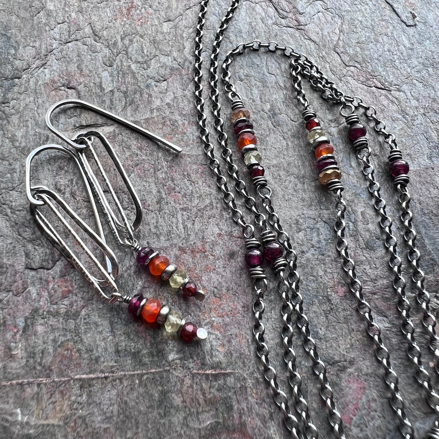 Garnet, Lemon Topaz, Carnelian, and Citrine Long Sterling Silver Necklace