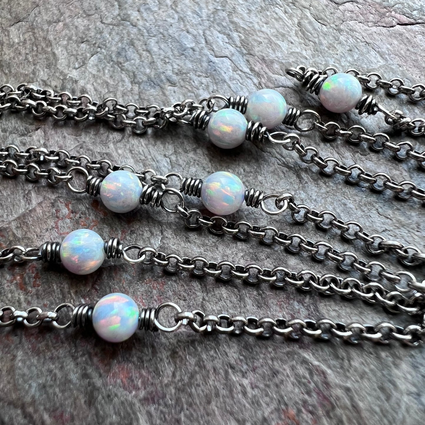 Long Sterling Silver Opal Necklace - Simulated Opal and Sterling Silver Chain Necklace