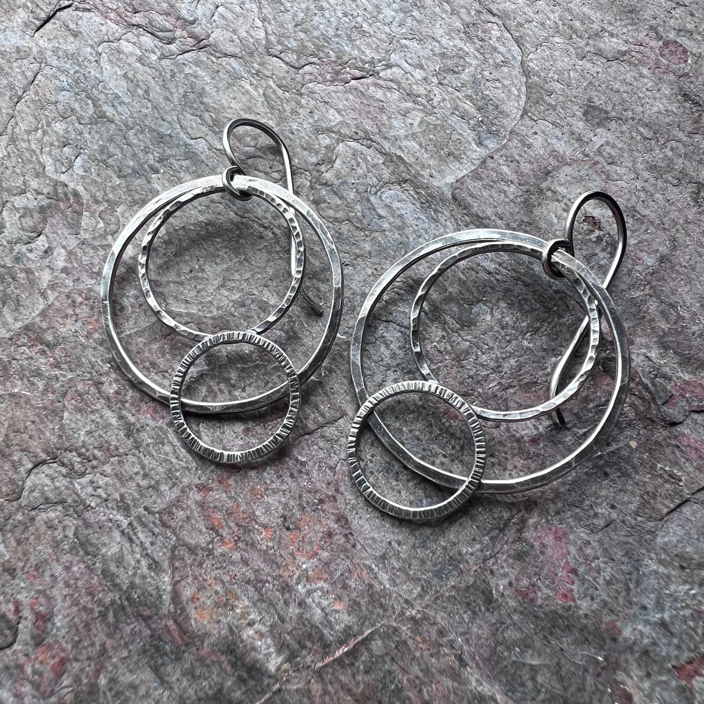 Sterling Silver Overlapping Circles Earrings - Hammered Sterling Silver Rings on Handmade Sterling Silver Earwires
