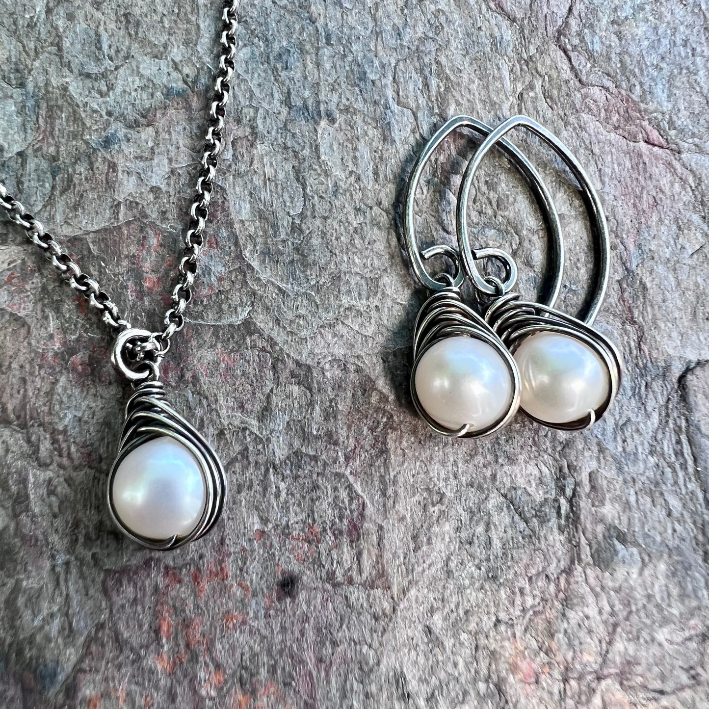 Sterling Silver Pearl Necklace - Genuine Freshwater Pearl Wire-Wrapped Pendant on Sterling Silver Chain