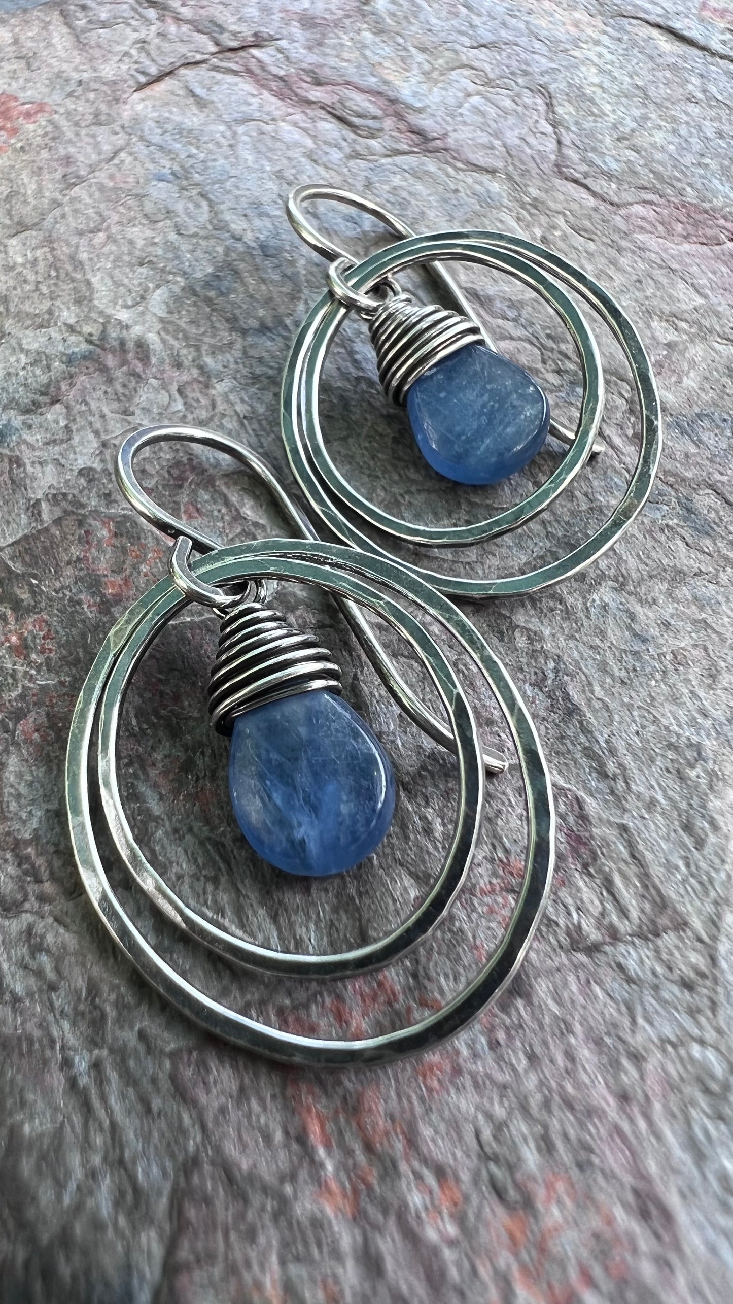 Kyanite Sterling Silver Earrings - Kyanite Teardrops in Hammed Sterling Silver Oval Earrings