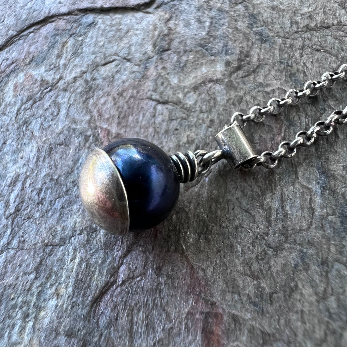 Black Pearl and Sterling Silver Necklace - Genuine Pearl Pendant on Sterling Silver Chain