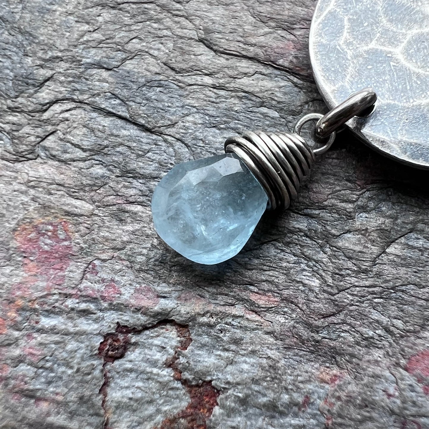 Aquamarine Sterling Silver Necklace - Genuine Aquamarine Teardrop on Hammered Sterling Silver Circle Necklace