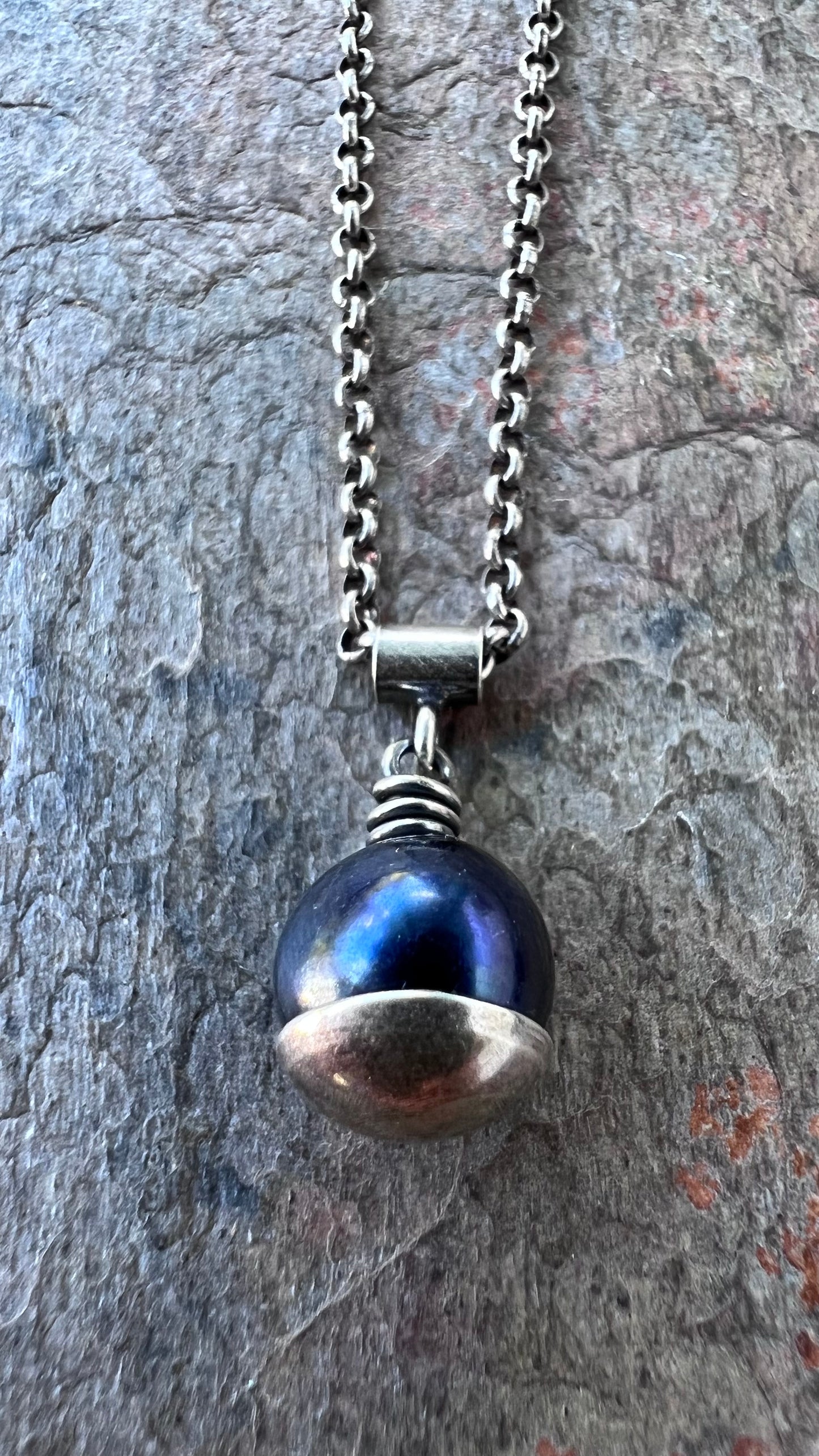 Black Pearl and Sterling Silver Necklace - Genuine Pearl Pendant on Sterling Silver Chain