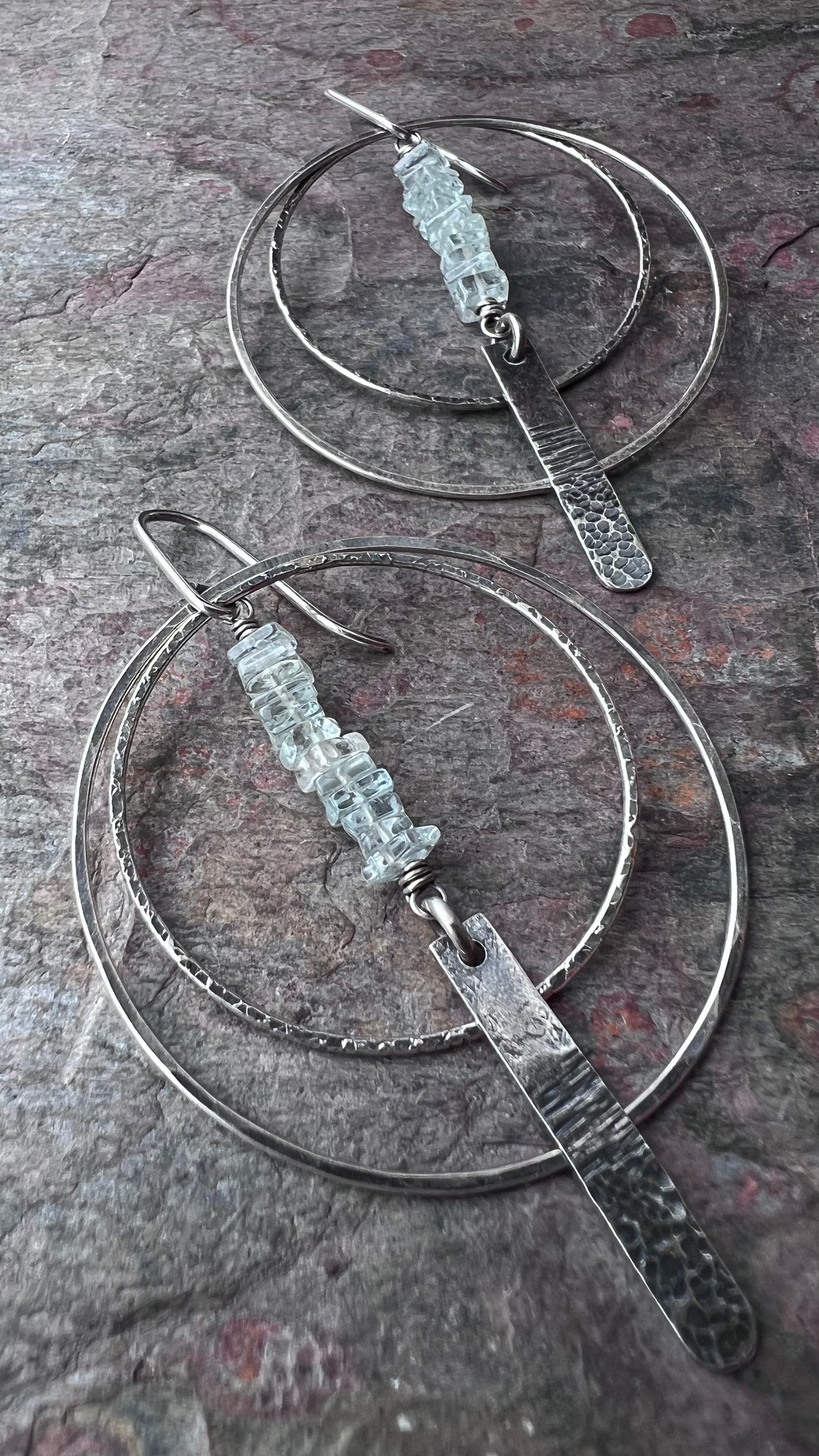 Aquamarine Sterling Silver Earrings - Genuine Aquamarine and Hammered Bars in Sterling Silver Hoop Earrings