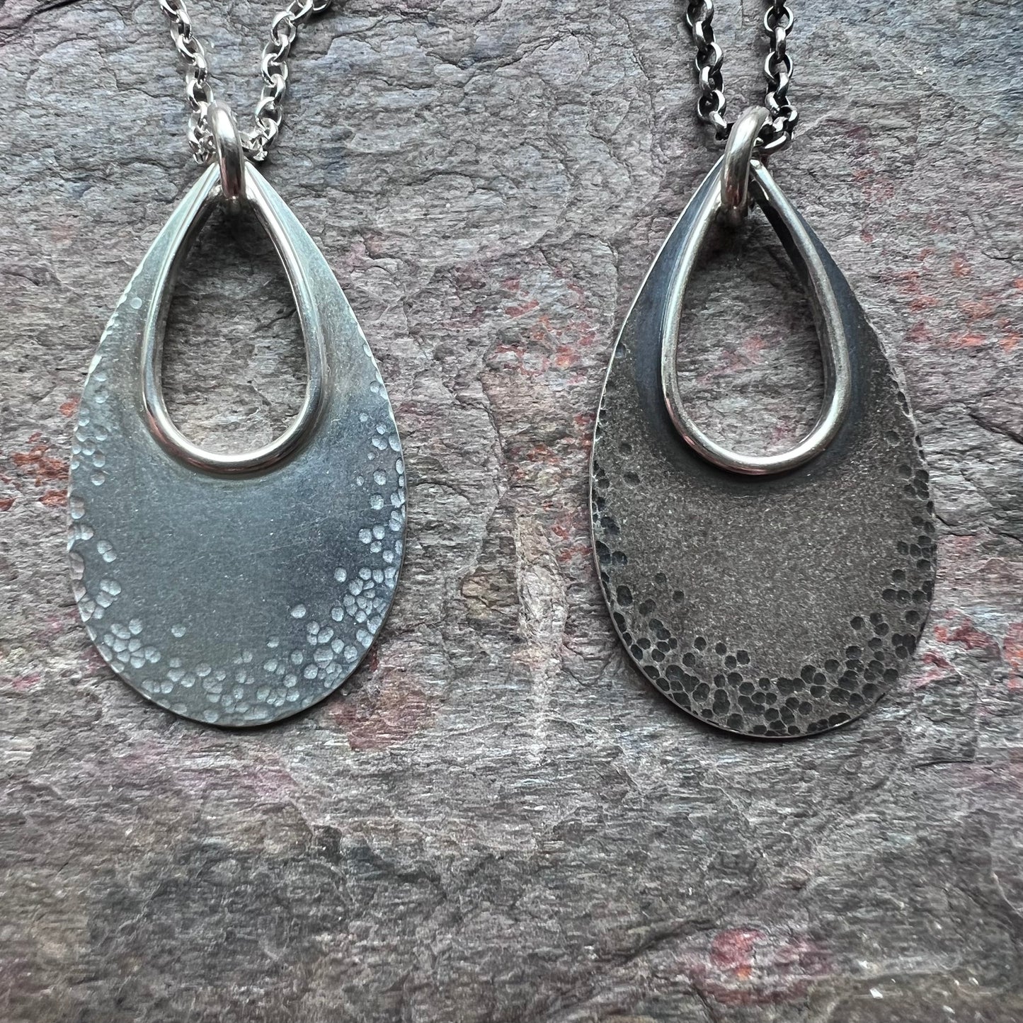 Sterling Silver Teardrop Necklace - Textured Sterling Silver Open Teardrop on Sterling Silver Chain