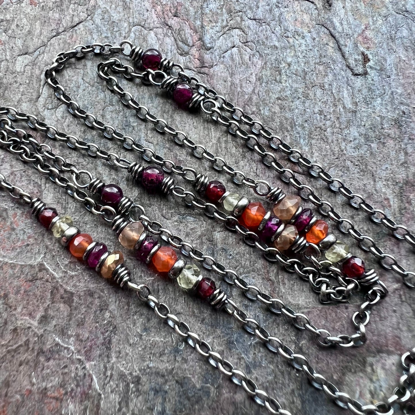 Garnet, Lemon Topaz, Carnelian, and Citrine Long Sterling Silver Necklace