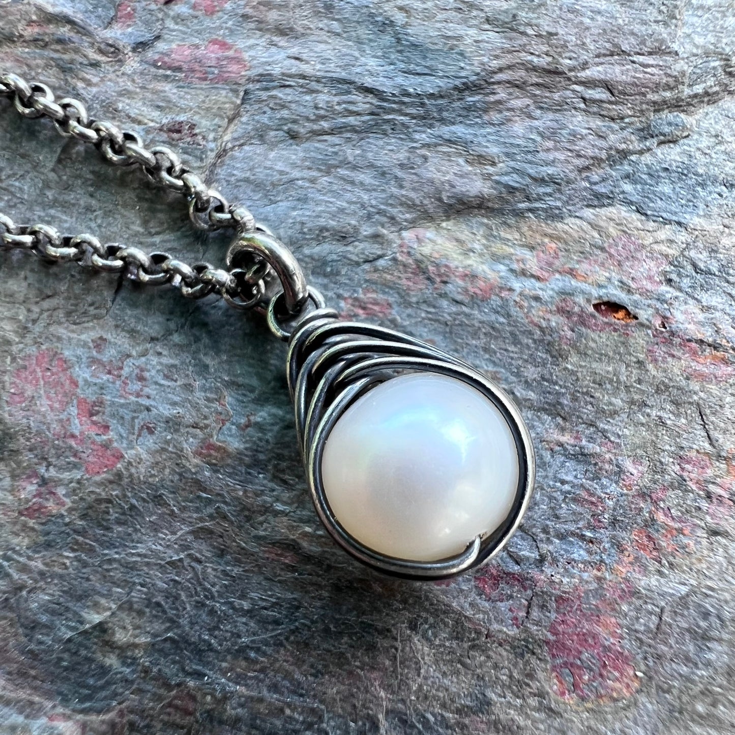 Sterling Silver Pearl Necklace - Genuine Freshwater Pearl Wire-Wrapped Pendant on Sterling Silver Chain