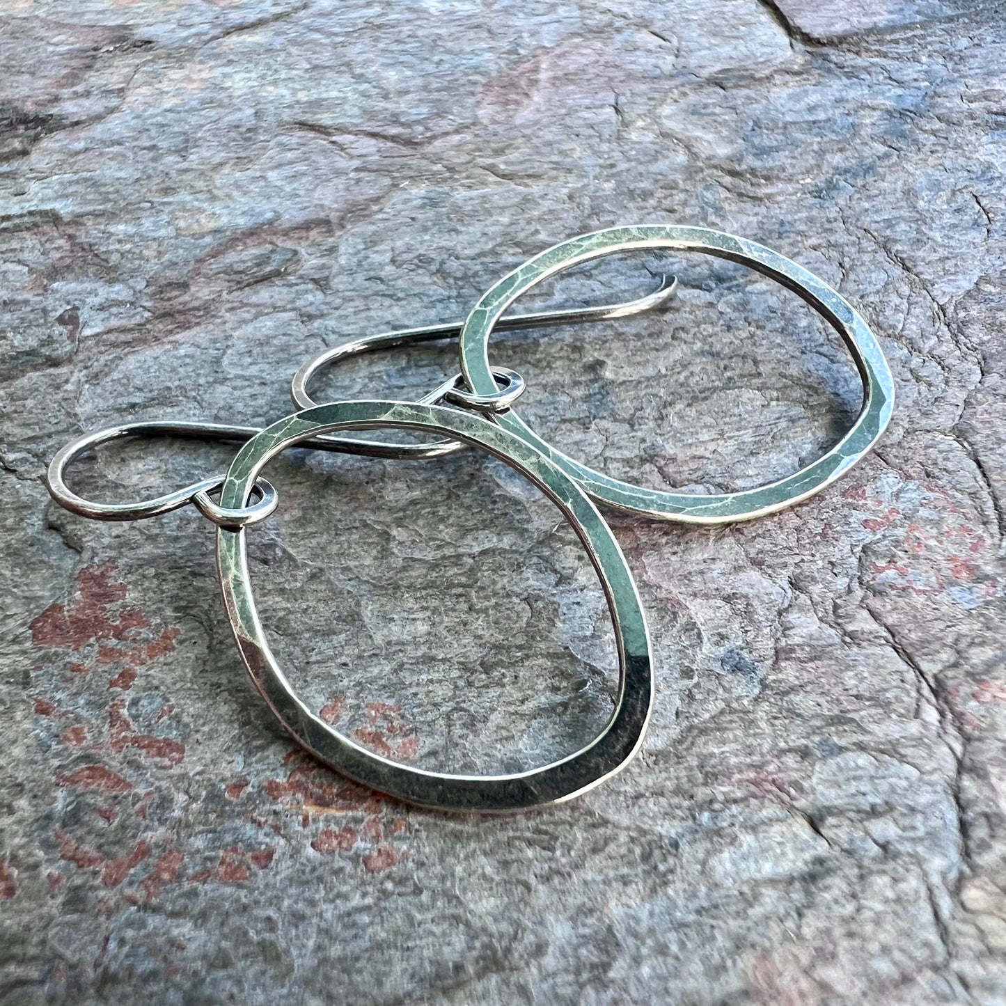 Sterling Silver Hammered Earrings - Handmade Sterling Silver Freeform Organic Oval Earrings