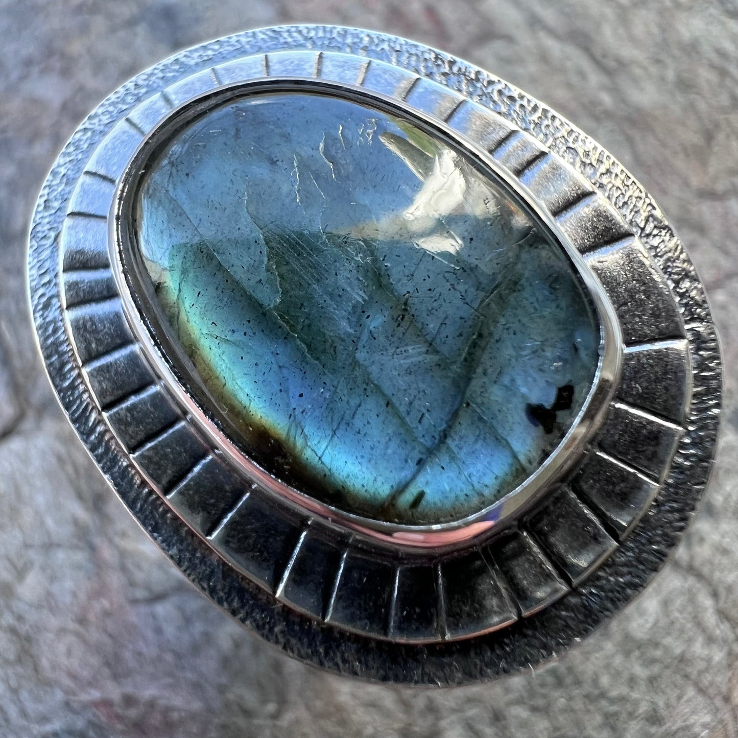 Labradorite Sterling Silver Ring - Handmade One-of-a-kind Labradorite Statement Ring on Hammered Silver Band - Size 10