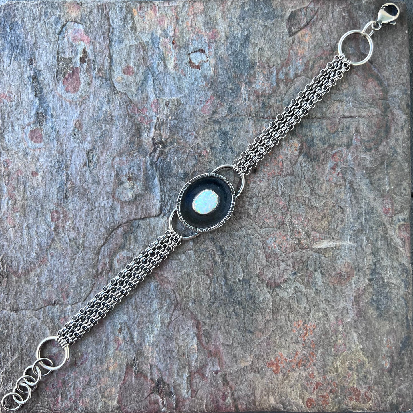 Opal Sterling Silver Bracelet - Handmade Simulated Opal Cabochon and Sterling Silver Bracelet