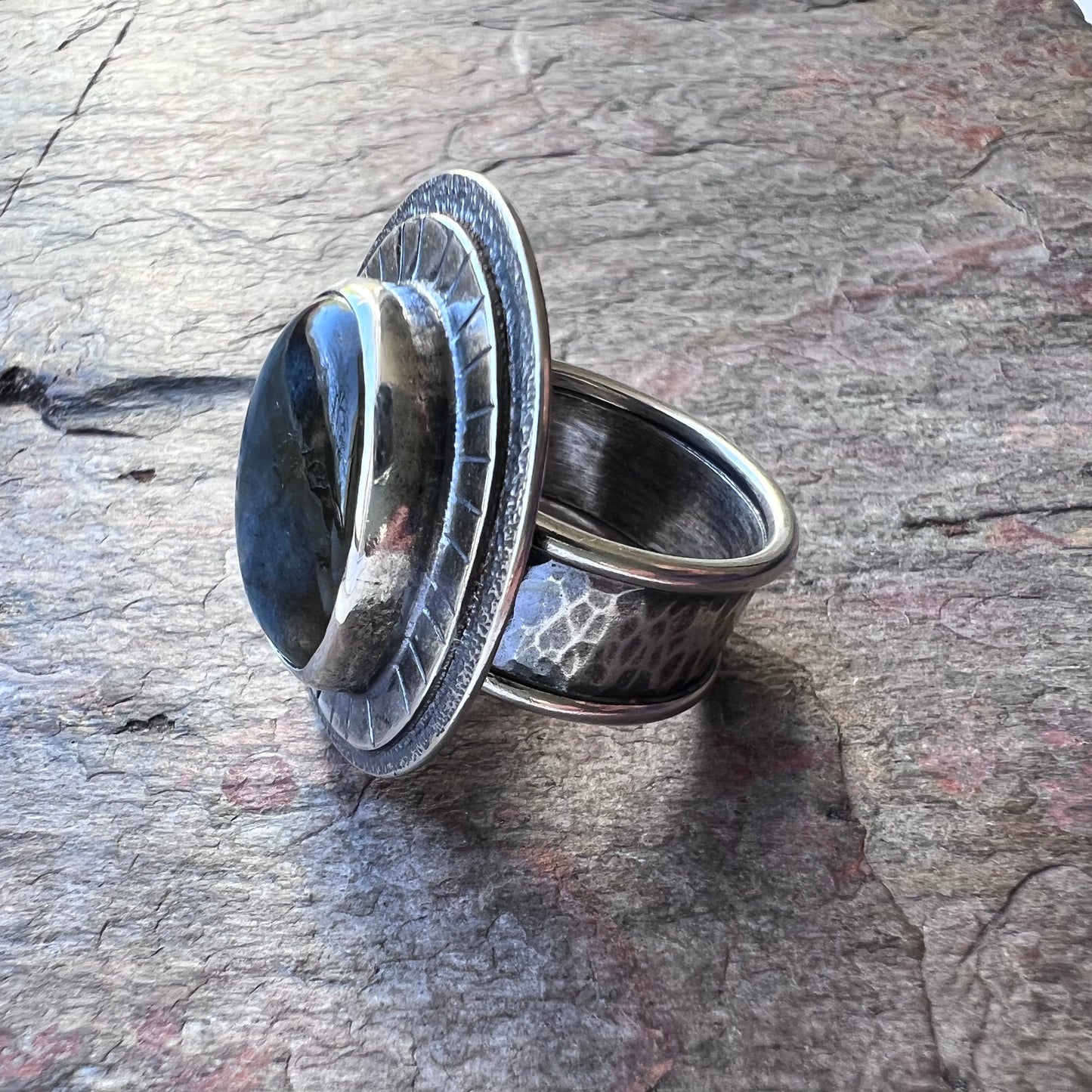 Labradorite Sterling Silver Ring - Handmade One-of-a-kind Labradorite Statement Ring on Hammered Silver Band - Size 10