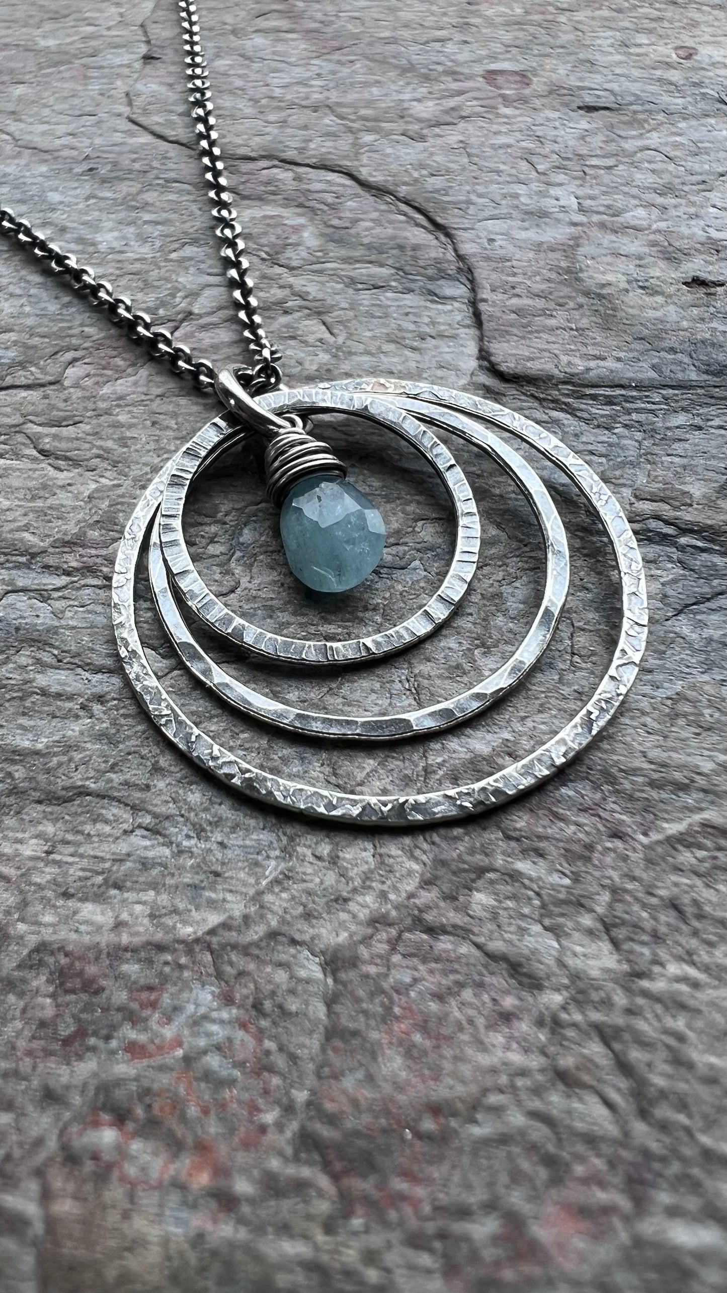 Aquamarine Sterling Silver Necklace - Genuine Aquamarine and Hammered Silver Rings Pendant on Sterling Silver Chain