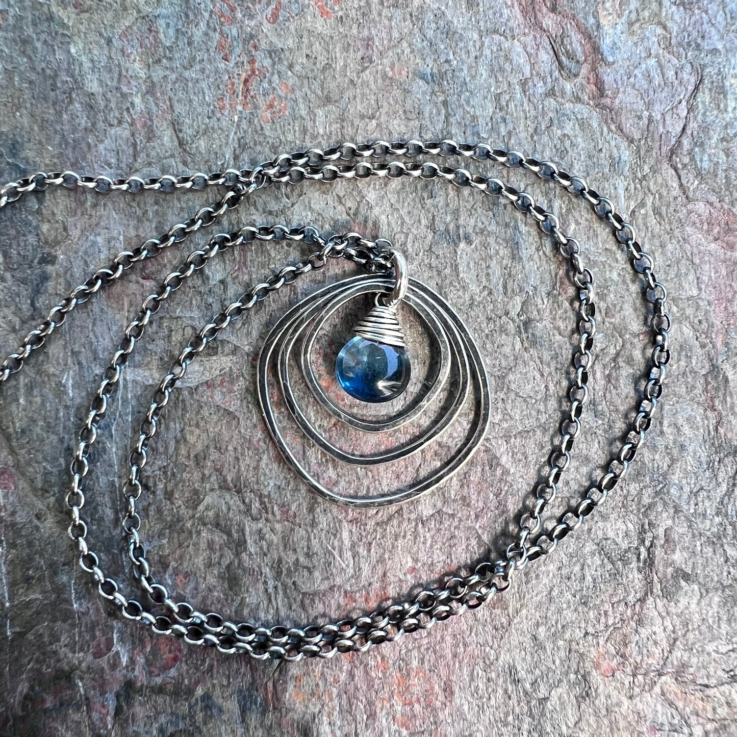 Sterling Silver Quartz Necklace - Blue Hydro Quartz in Hammered Silver Pendant on Sterling Silver Chain