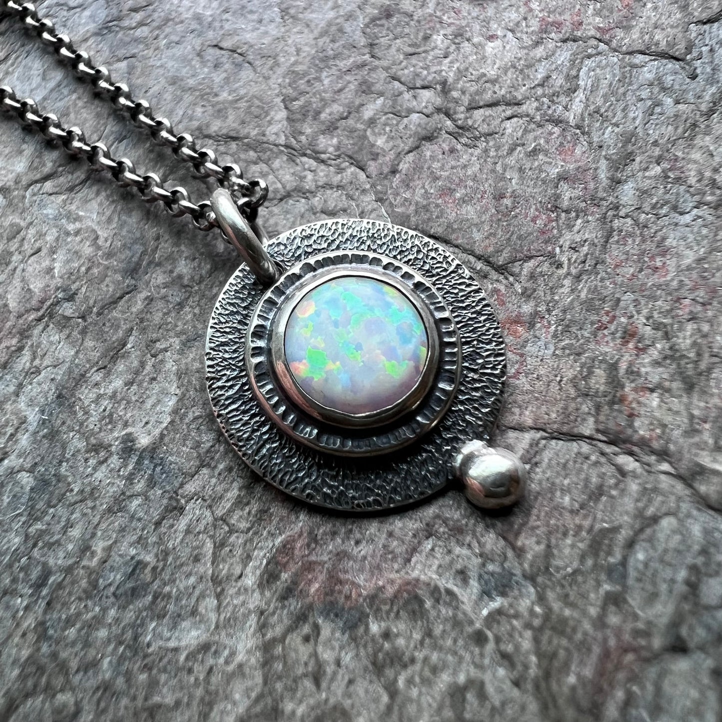 Sterling Silver Opal Necklace - Handmade Simulated Opal Pendant on Sterling Silver Chain